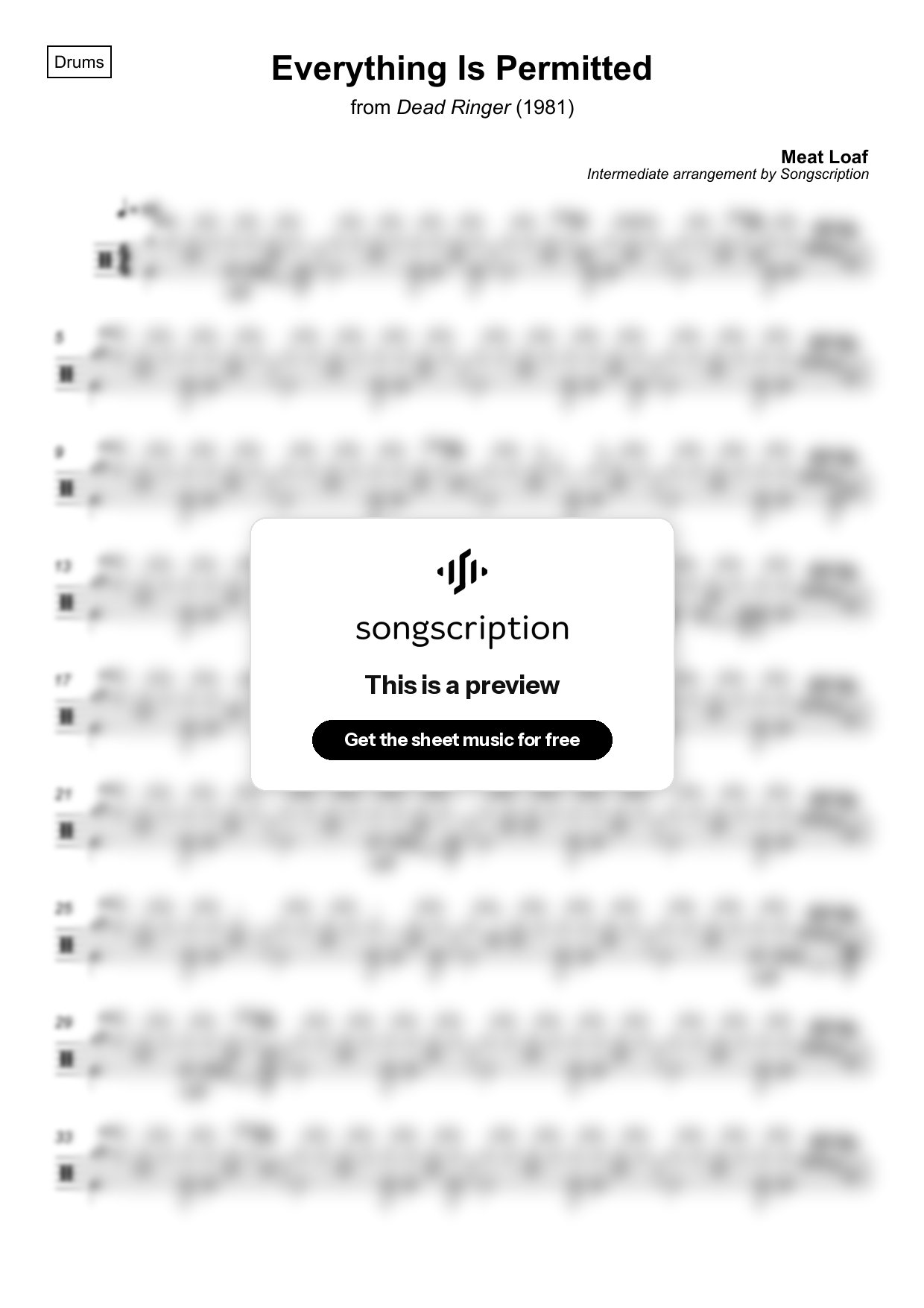 Intermediate Drums Sheet Music for "Everything Is Permitted" by Meat Loaf