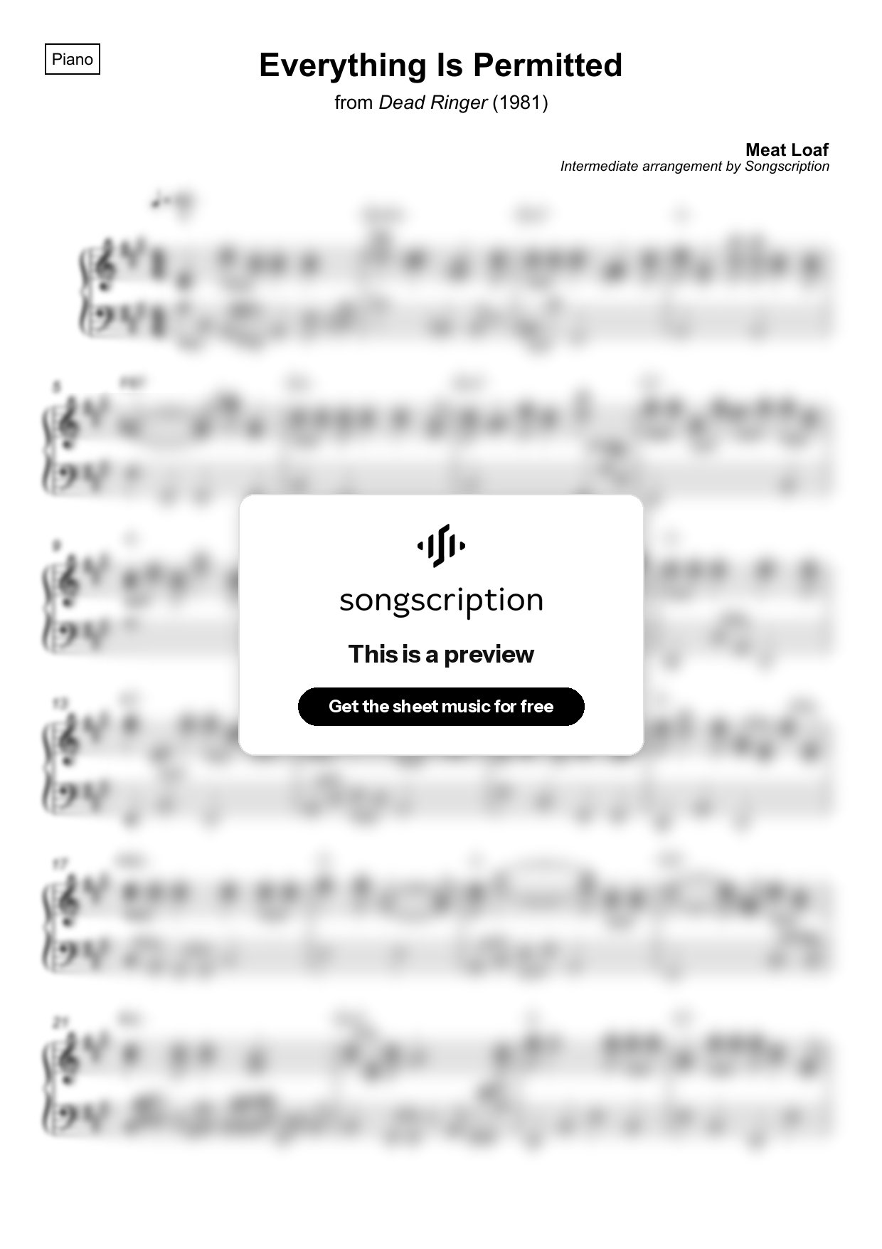 Intermediate Piano Sheet Music for "Everything Is Permitted" by Meat Loaf