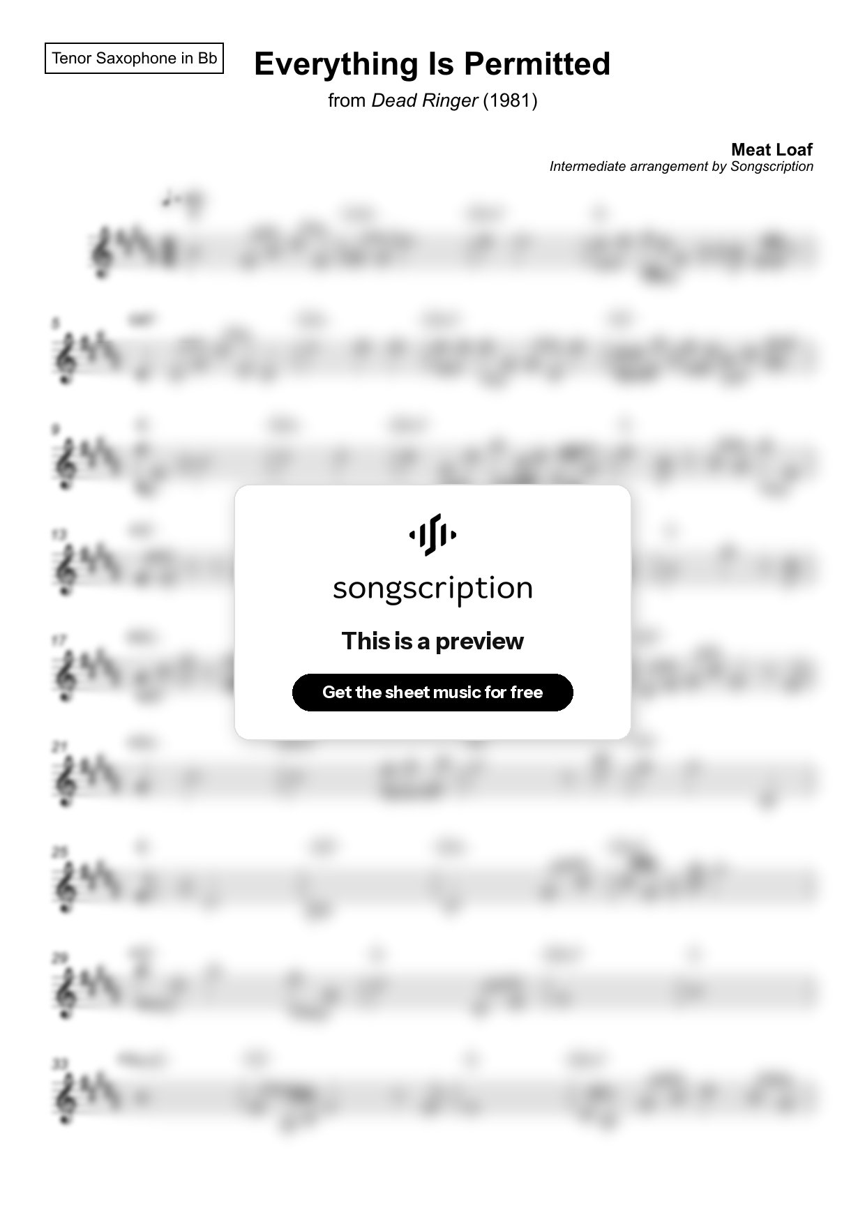 Intermediate Tenor Sax Sheet Music for "Everything Is Permitted" by Meat Loaf