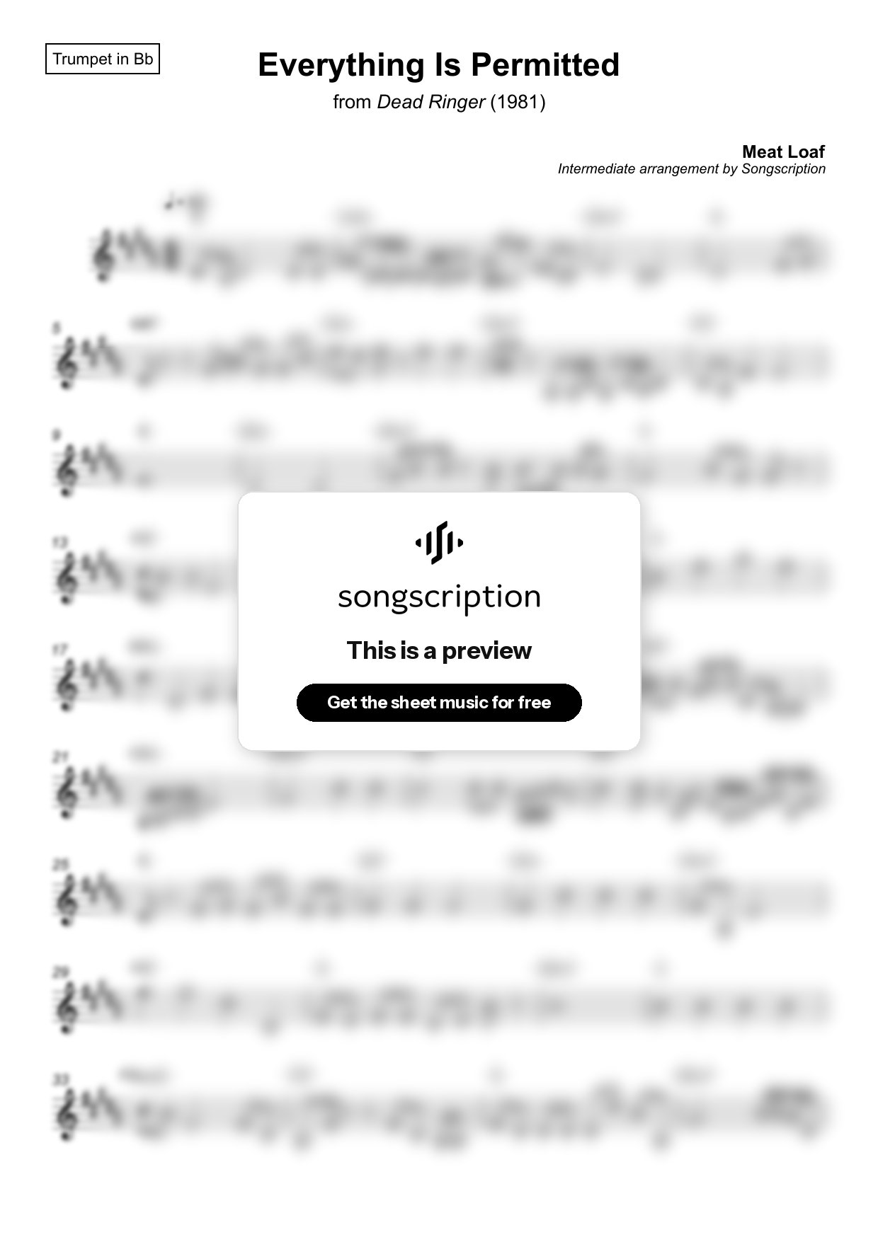 Intermediate Trumpet Sheet Music for "Everything Is Permitted" by Meat Loaf