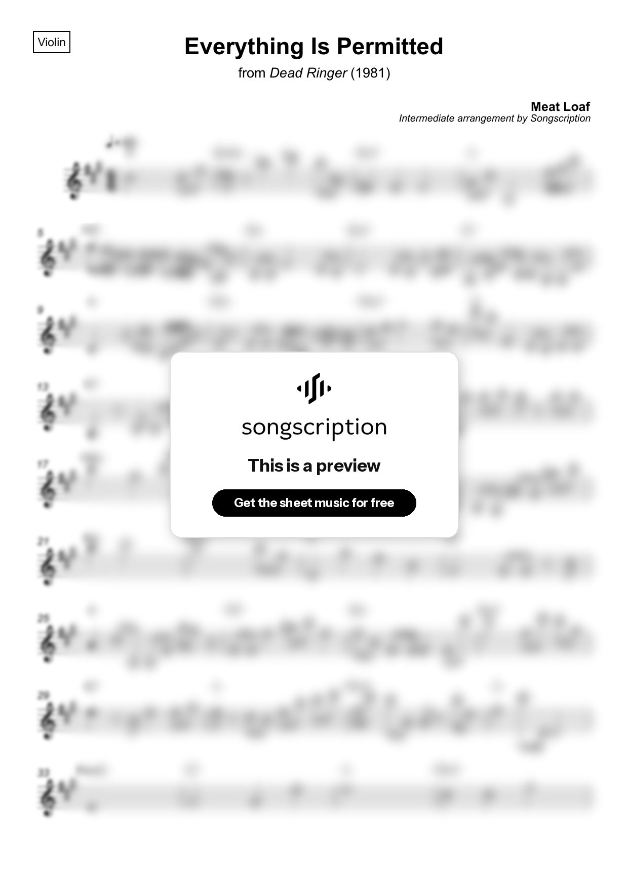 Intermediate Violin Sheet Music for "Everything Is Permitted" by Meat Loaf