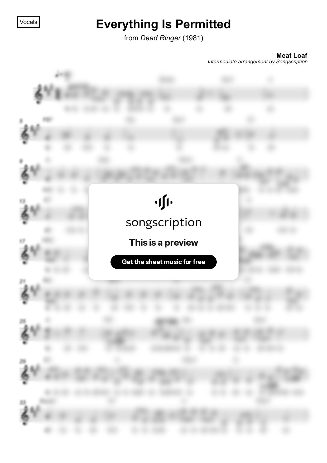 Intermediate Vocals Sheet Music for "Everything Is Permitted" by Meat Loaf