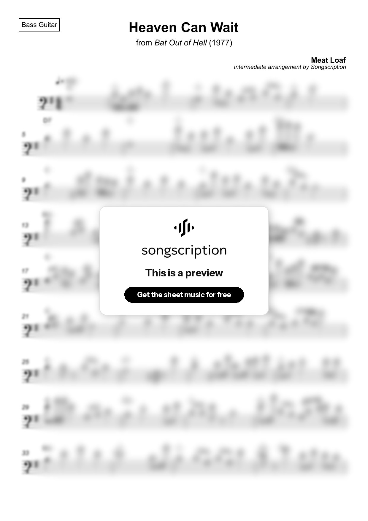 Intermediate Bass Guitar Sheet Music for "Heaven Can Wait" by Meat Loaf