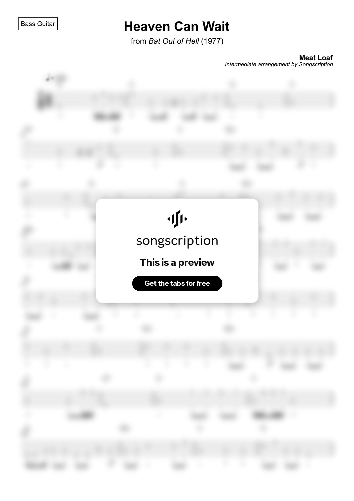 Intermediate Bass Guitar Tabs for "Heaven Can Wait" by Meat Loaf