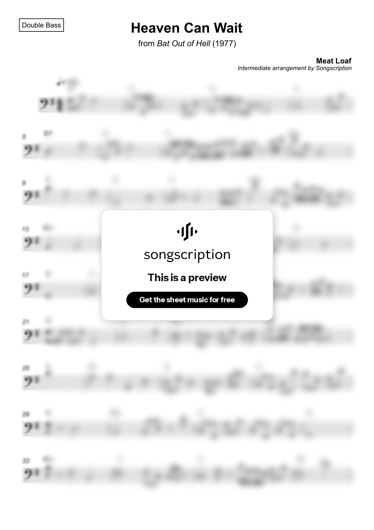 Intermediate Double Bass Sheet Music for "Heaven Can Wait" by Meat Loaf