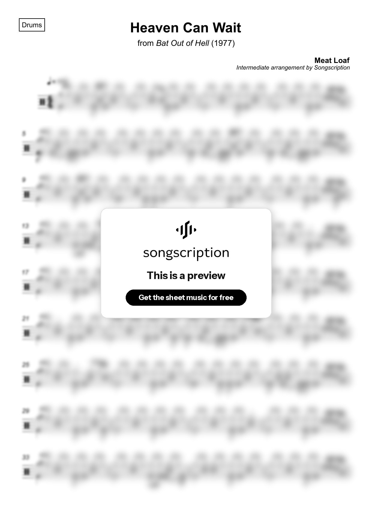 Intermediate Drums Sheet Music for "Heaven Can Wait" by Meat Loaf