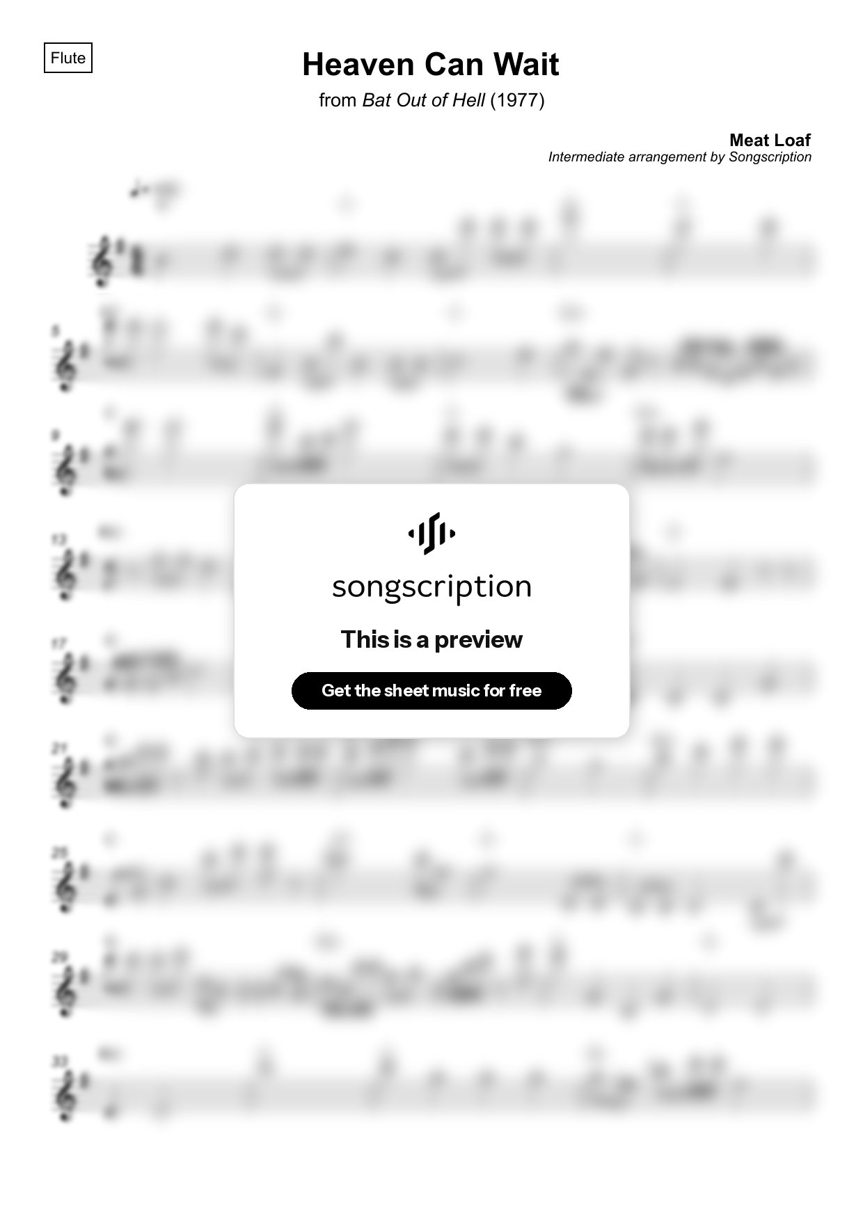 Intermediate Flute Sheet Music for "Heaven Can Wait" by Meat Loaf