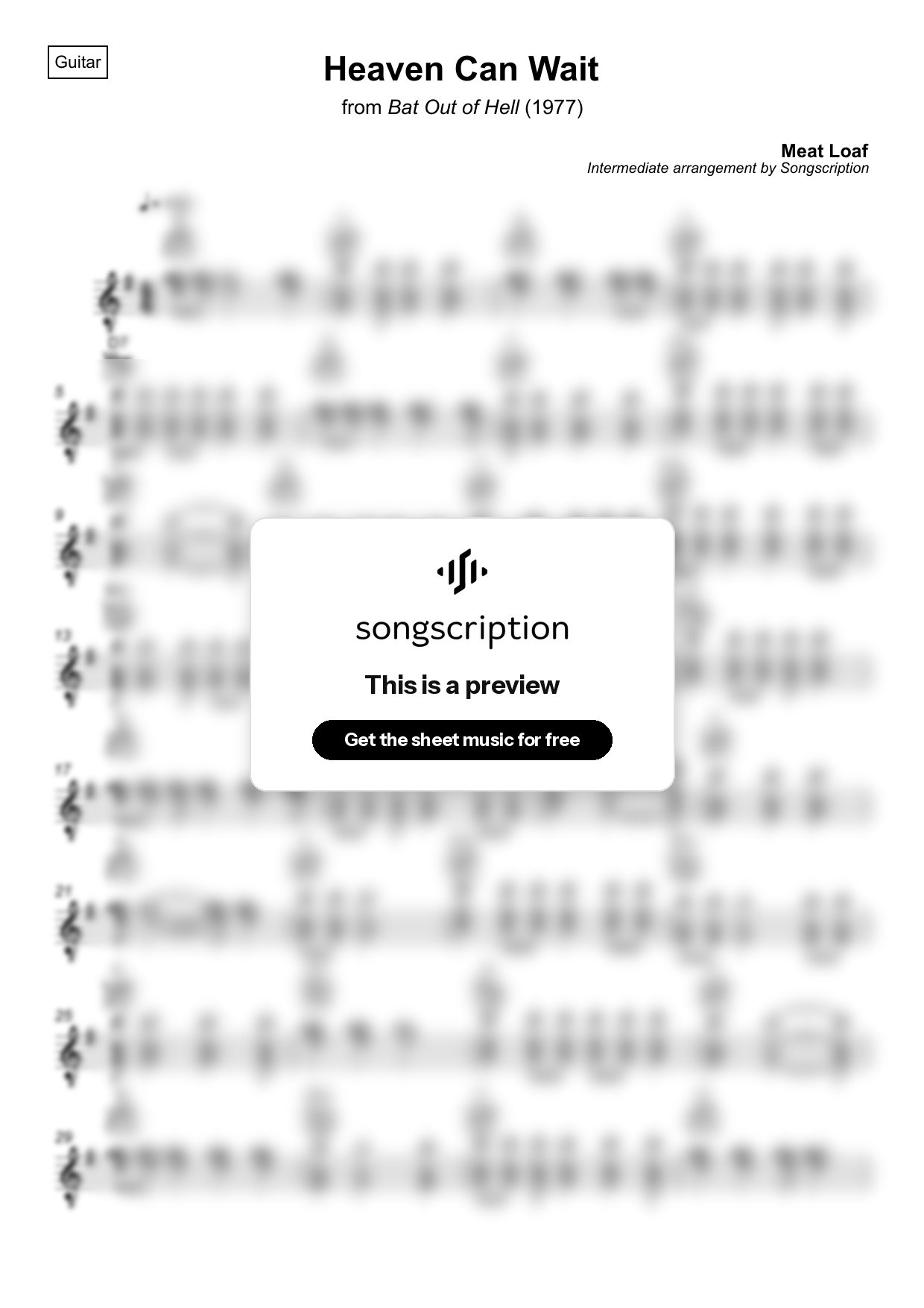 Intermediate Acoustic Guitar Sheet Music for "Heaven Can Wait" by Meat Loaf