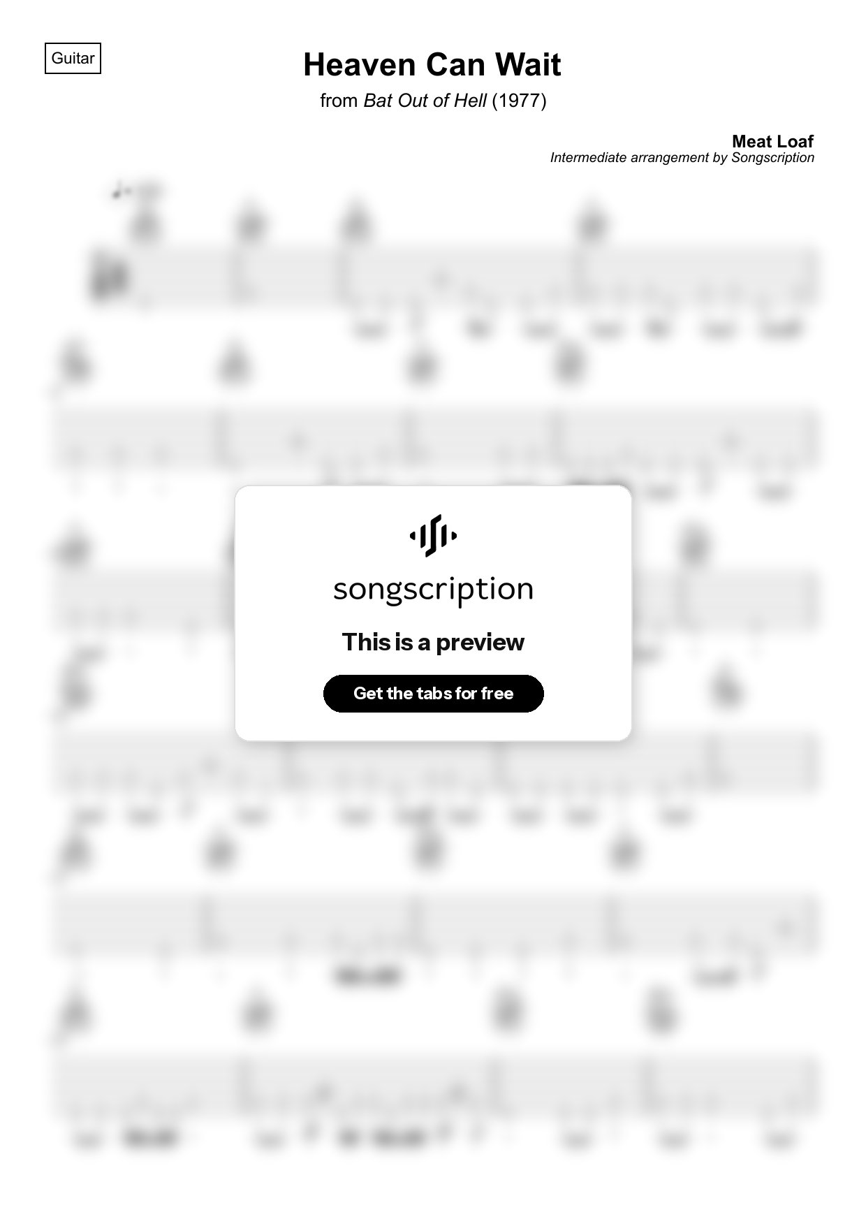 Intermediate Acoustic Guitar Tabs for "Heaven Can Wait" by Meat Loaf