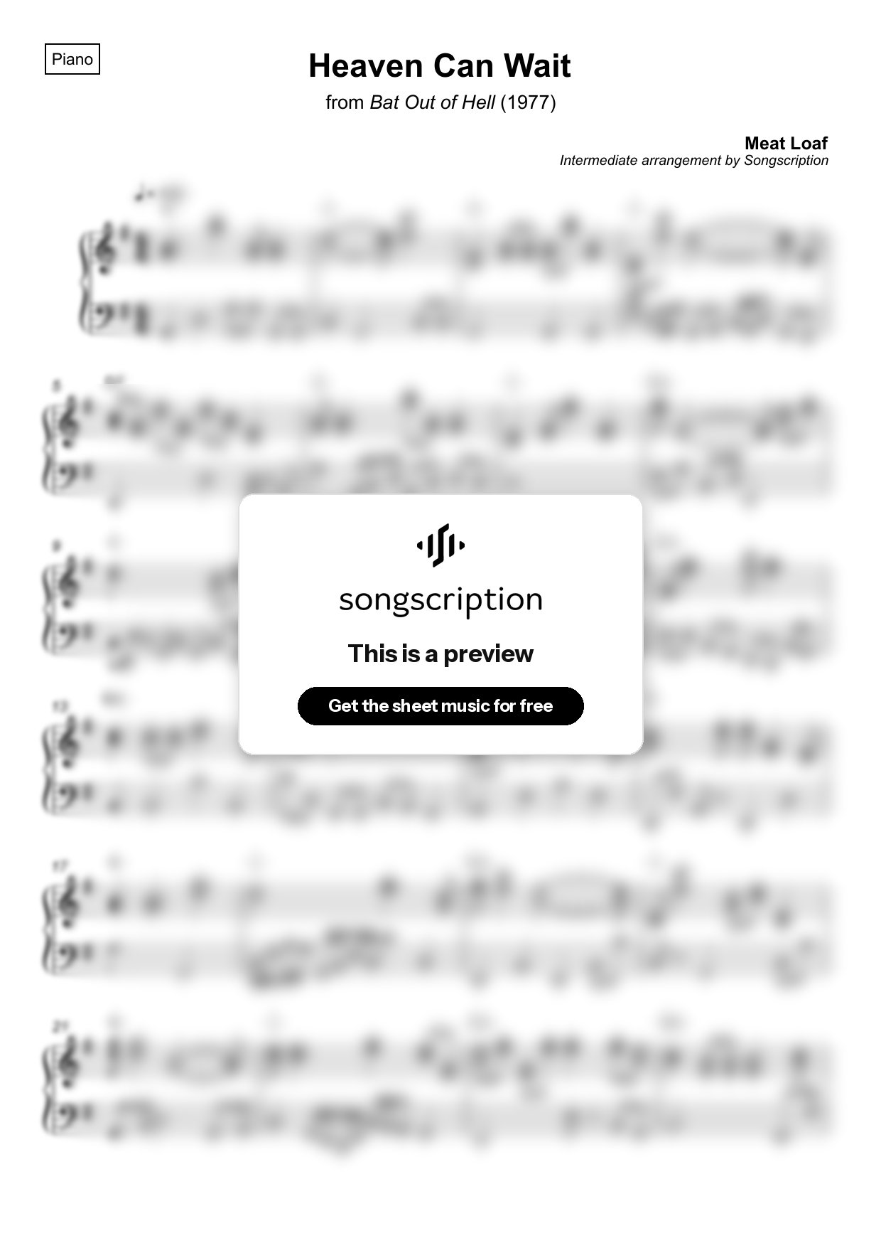 Intermediate Piano Sheet Music for "Heaven Can Wait" by Meat Loaf