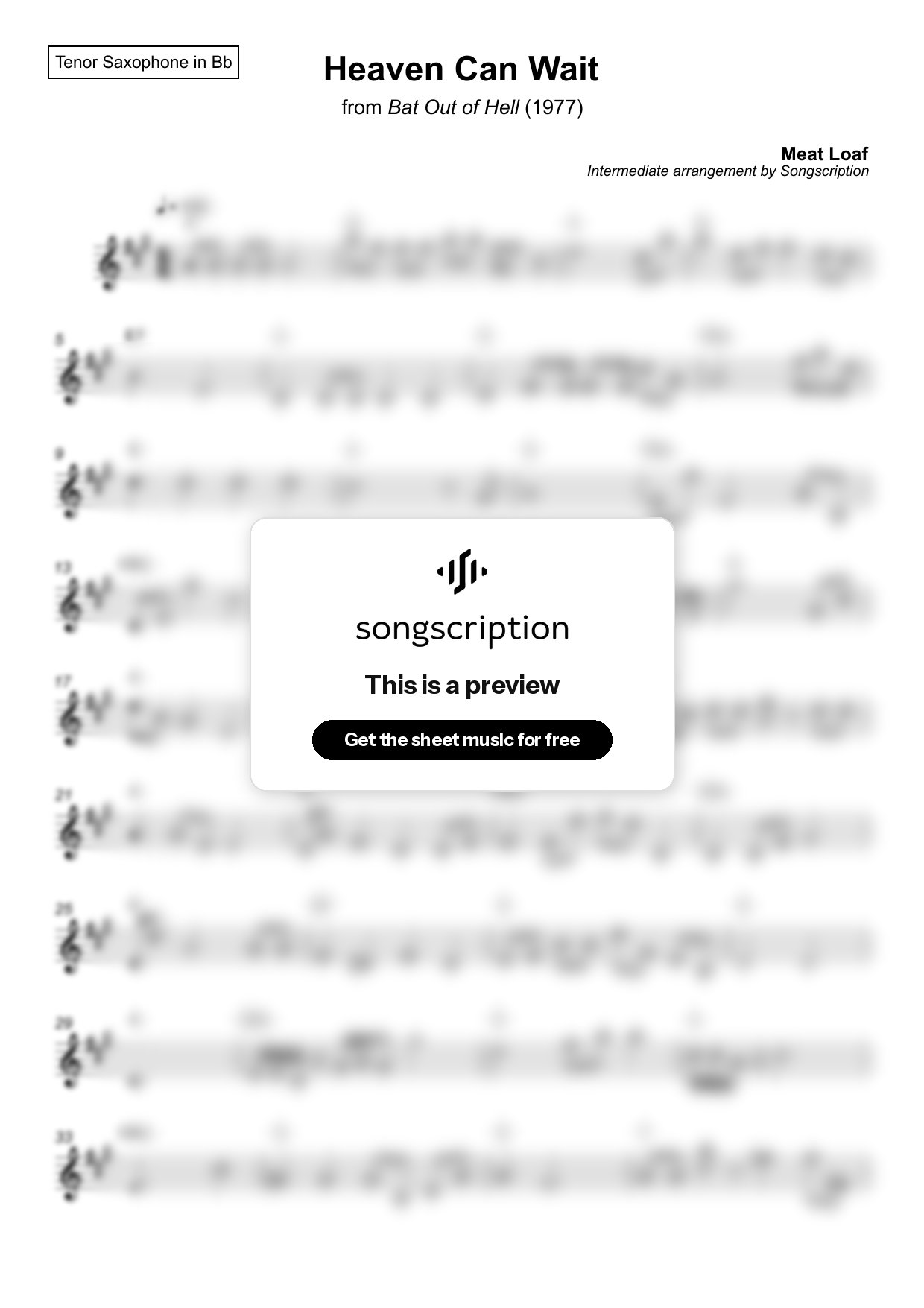 Intermediate Tenor Sax Sheet Music for "Heaven Can Wait" by Meat Loaf