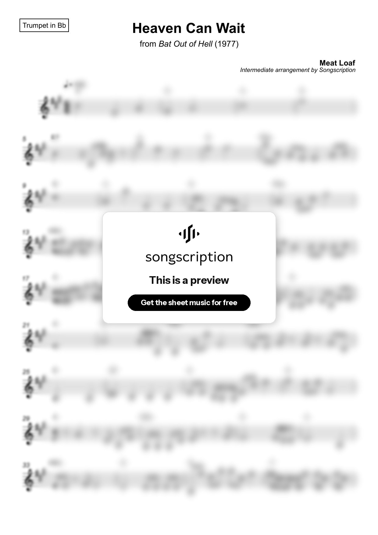 Intermediate Trumpet Sheet Music for "Heaven Can Wait" by Meat Loaf
