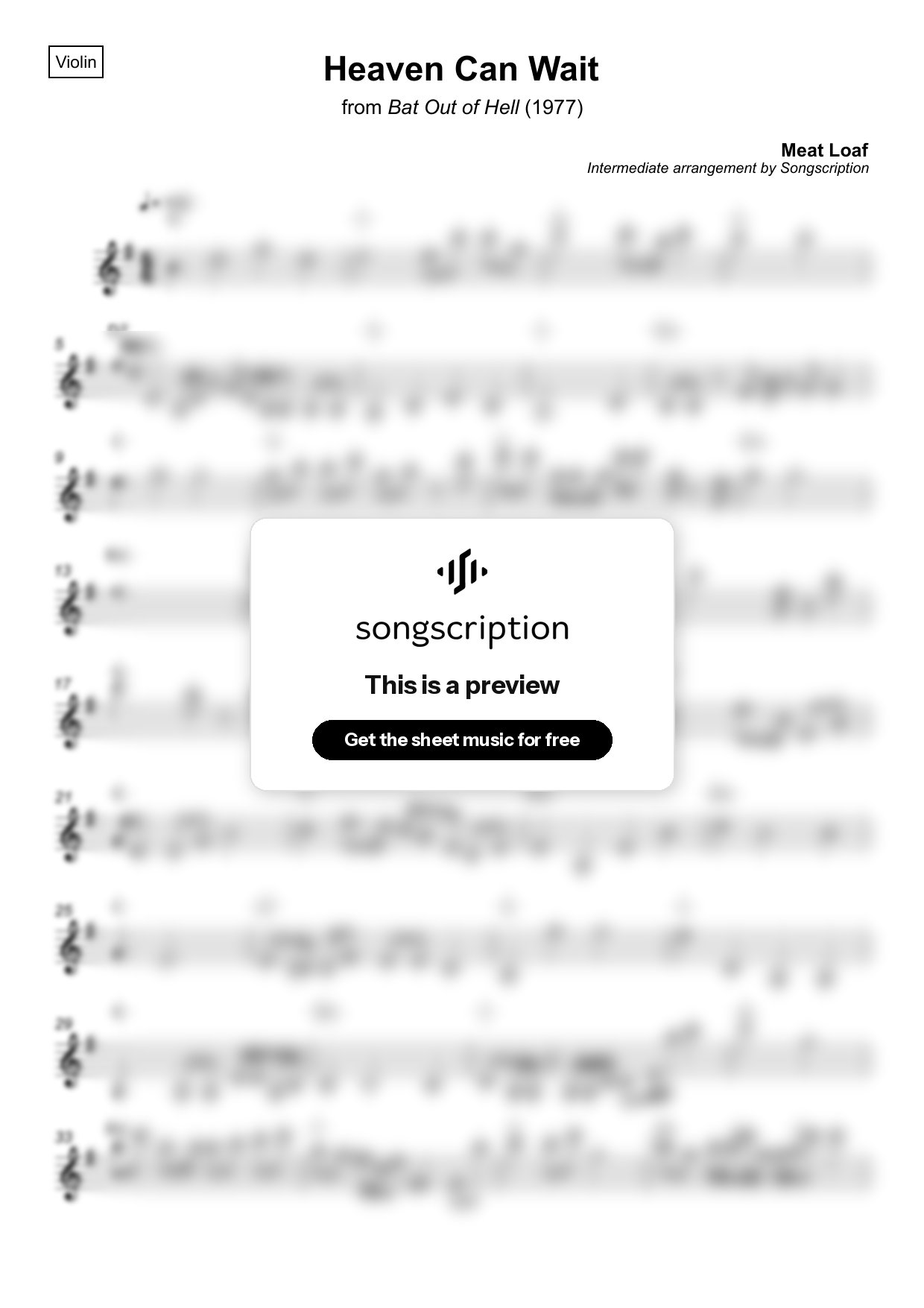 Intermediate Violin Sheet Music for "Heaven Can Wait" by Meat Loaf