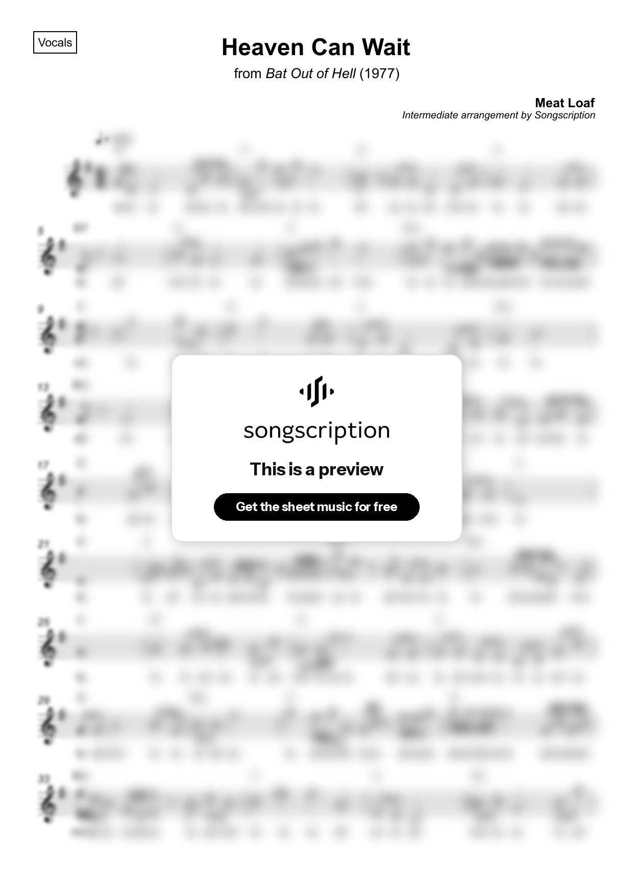 Intermediate Vocals Sheet Music for "Heaven Can Wait" by Meat Loaf