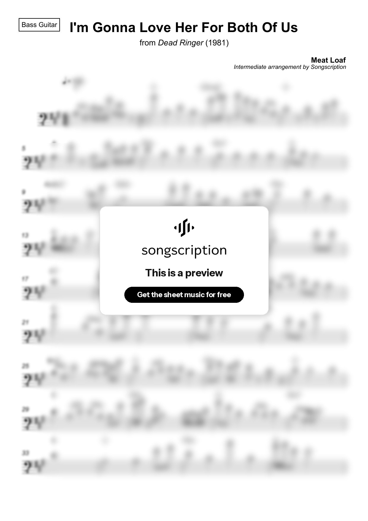 Intermediate Bass Guitar Sheet Music for "I'm Gonna Love Her For Both Of Us" by Meat Loaf