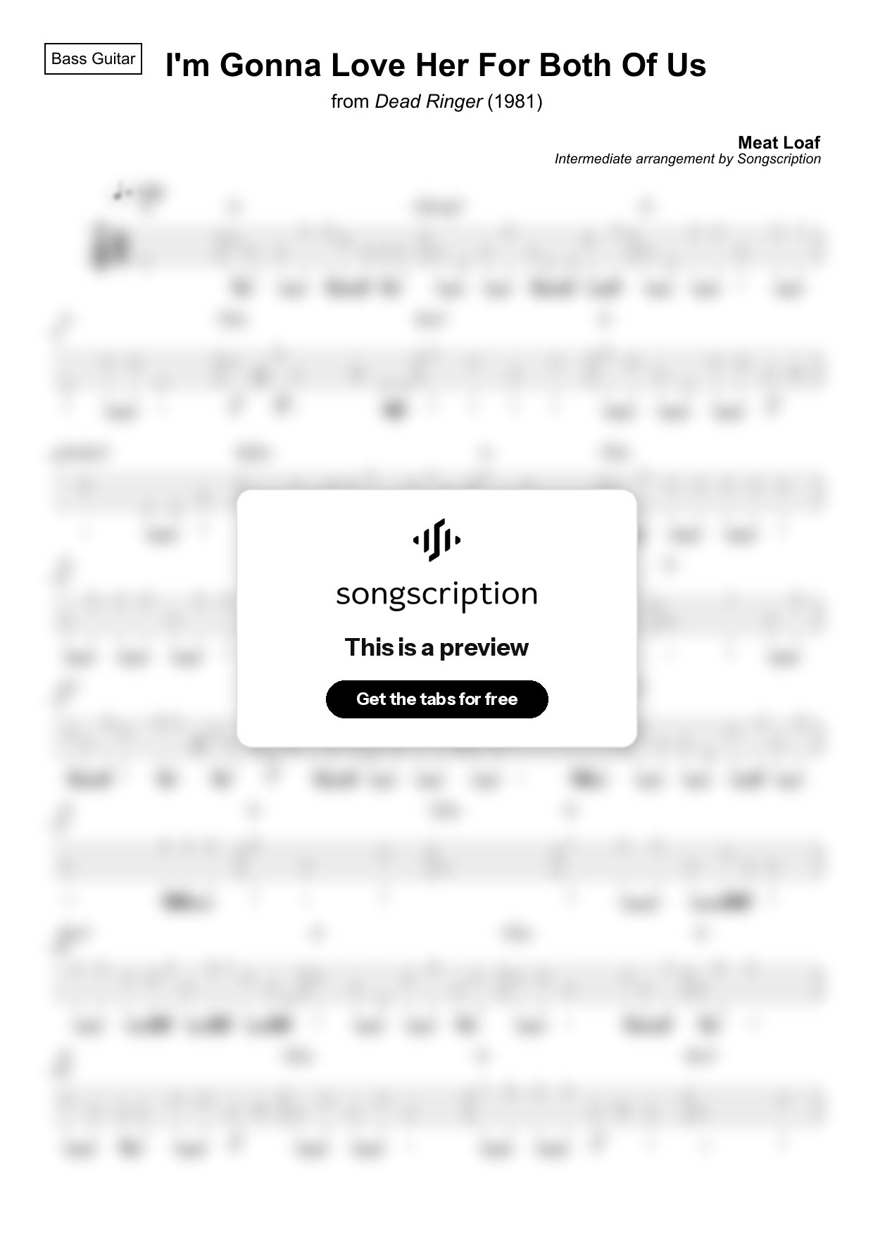 Intermediate Bass Guitar Tabs for "I'm Gonna Love Her For Both Of Us" by Meat Loaf