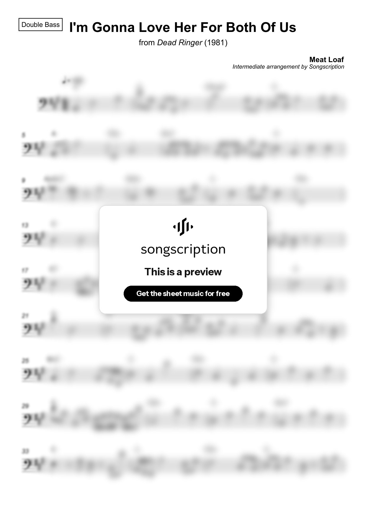 Intermediate Double Bass Sheet Music for "I'm Gonna Love Her For Both Of Us" by Meat Loaf