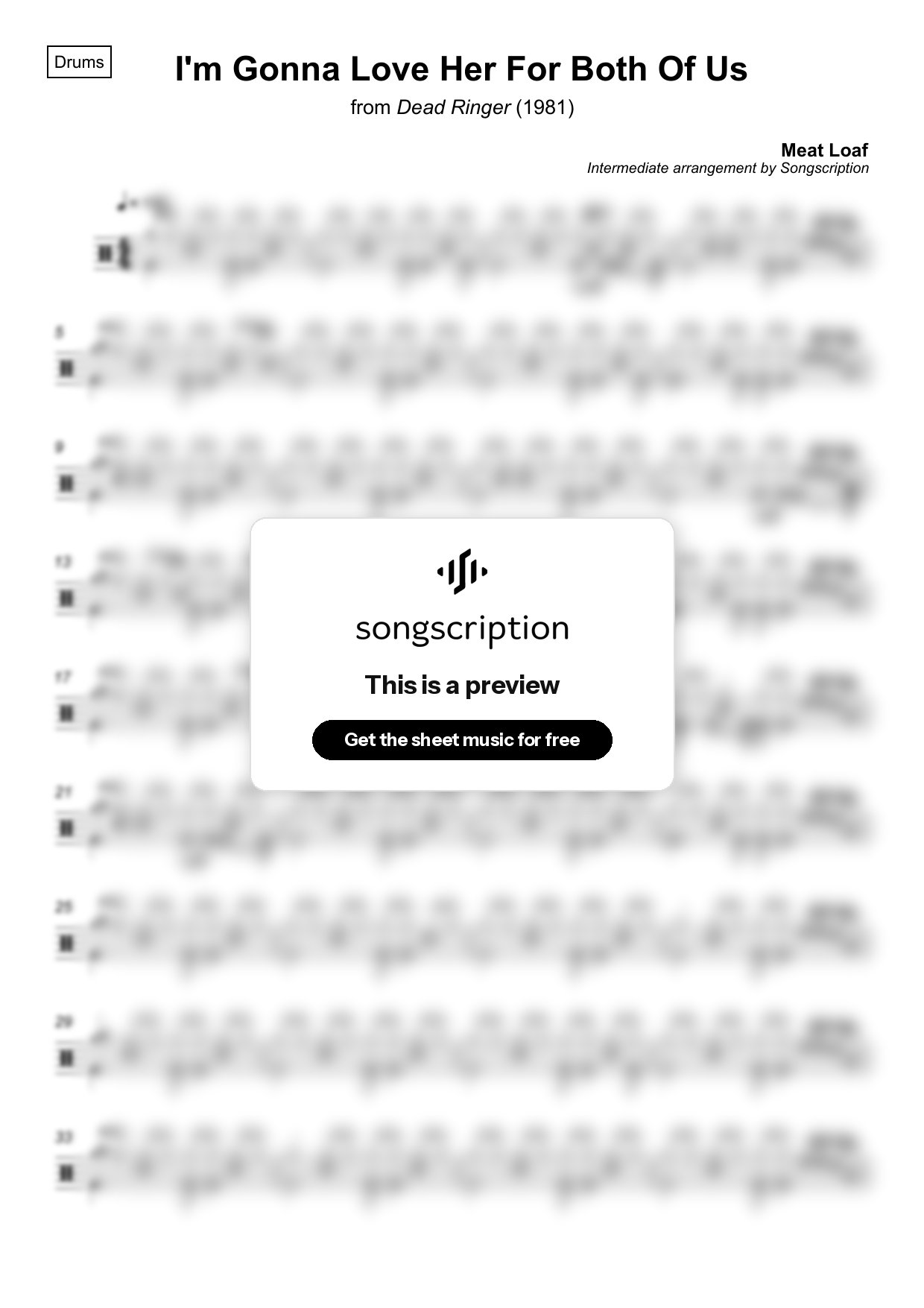 Intermediate Drums Sheet Music for "I'm Gonna Love Her For Both Of Us" by Meat Loaf