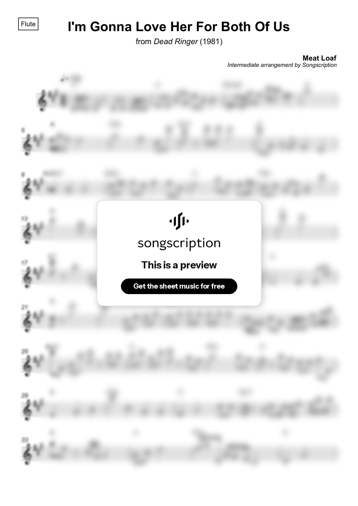 Intermediate Flute Sheet Music for "I'm Gonna Love Her For Both Of Us" by Meat Loaf