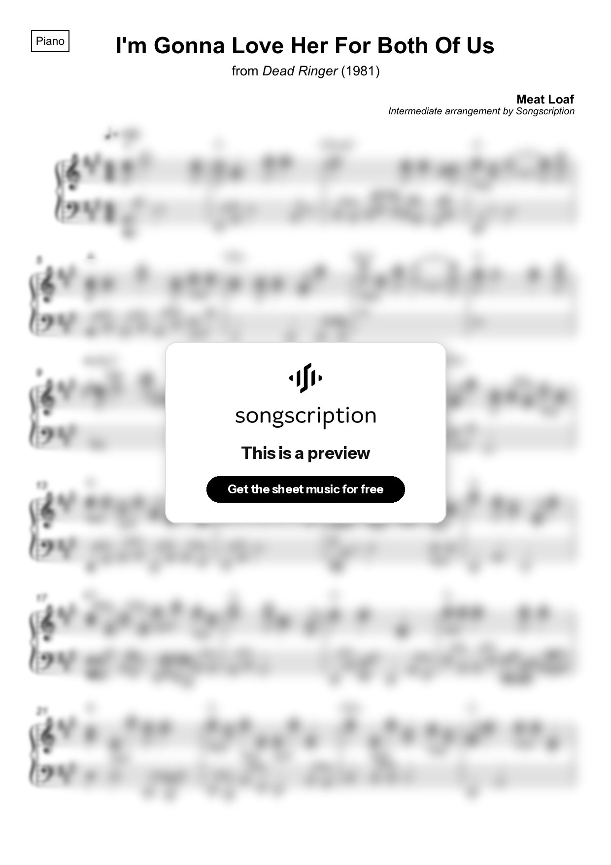 Intermediate Piano Sheet Music for "I'm Gonna Love Her For Both Of Us" by Meat Loaf