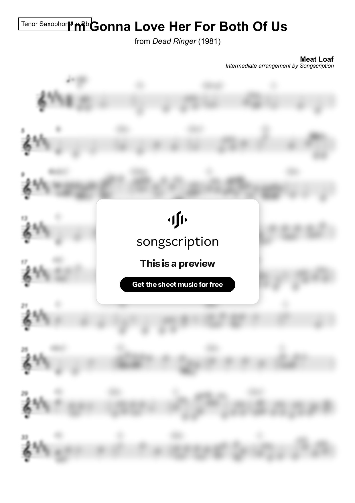 Intermediate Tenor Sax Sheet Music for "I'm Gonna Love Her For Both Of Us" by Meat Loaf