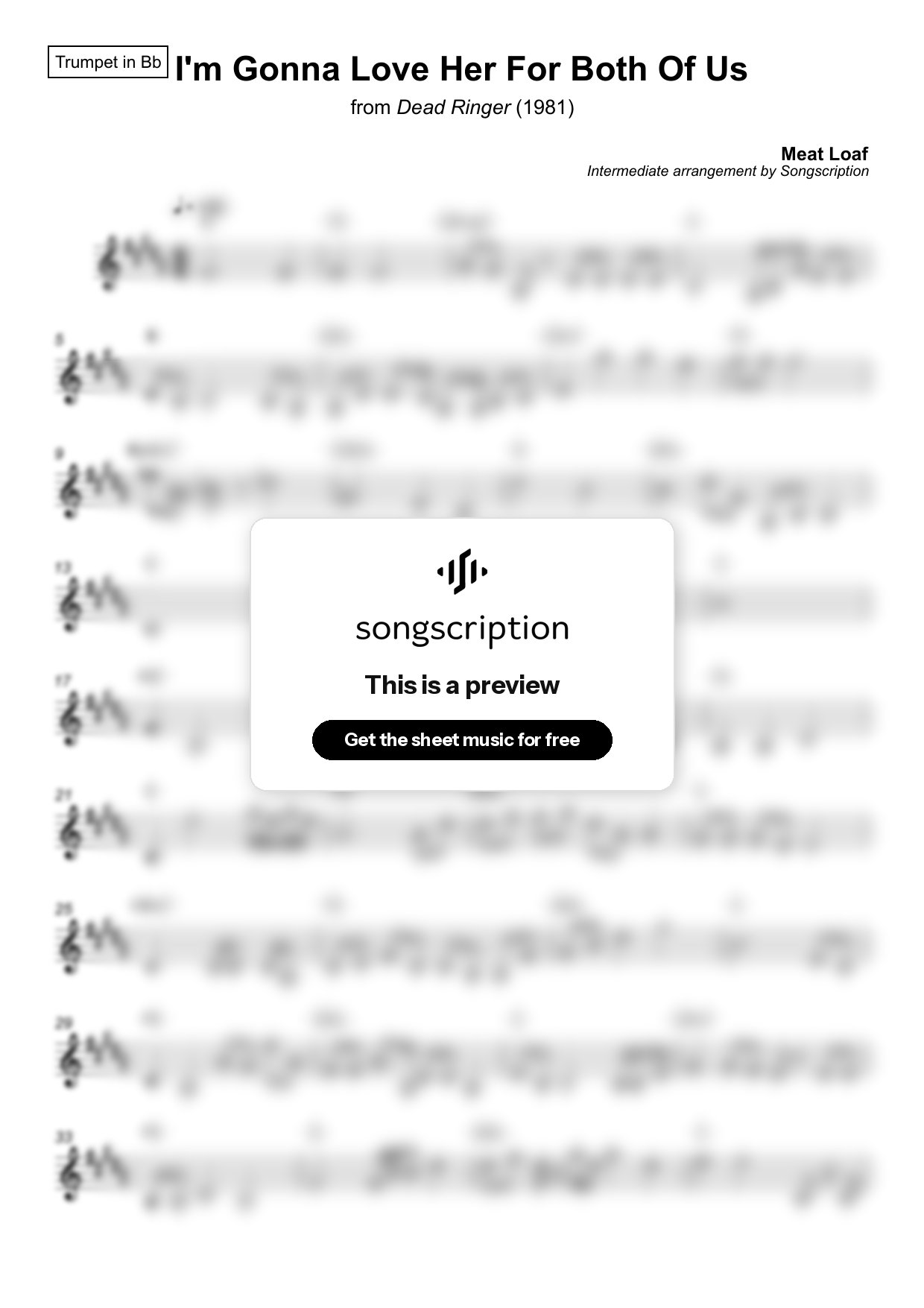 Intermediate Trumpet Sheet Music for "I'm Gonna Love Her For Both Of Us" by Meat Loaf