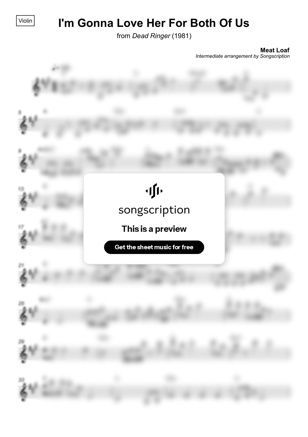 Intermediate Violin Sheet Music for "I'm Gonna Love Her For Both Of Us" by Meat Loaf