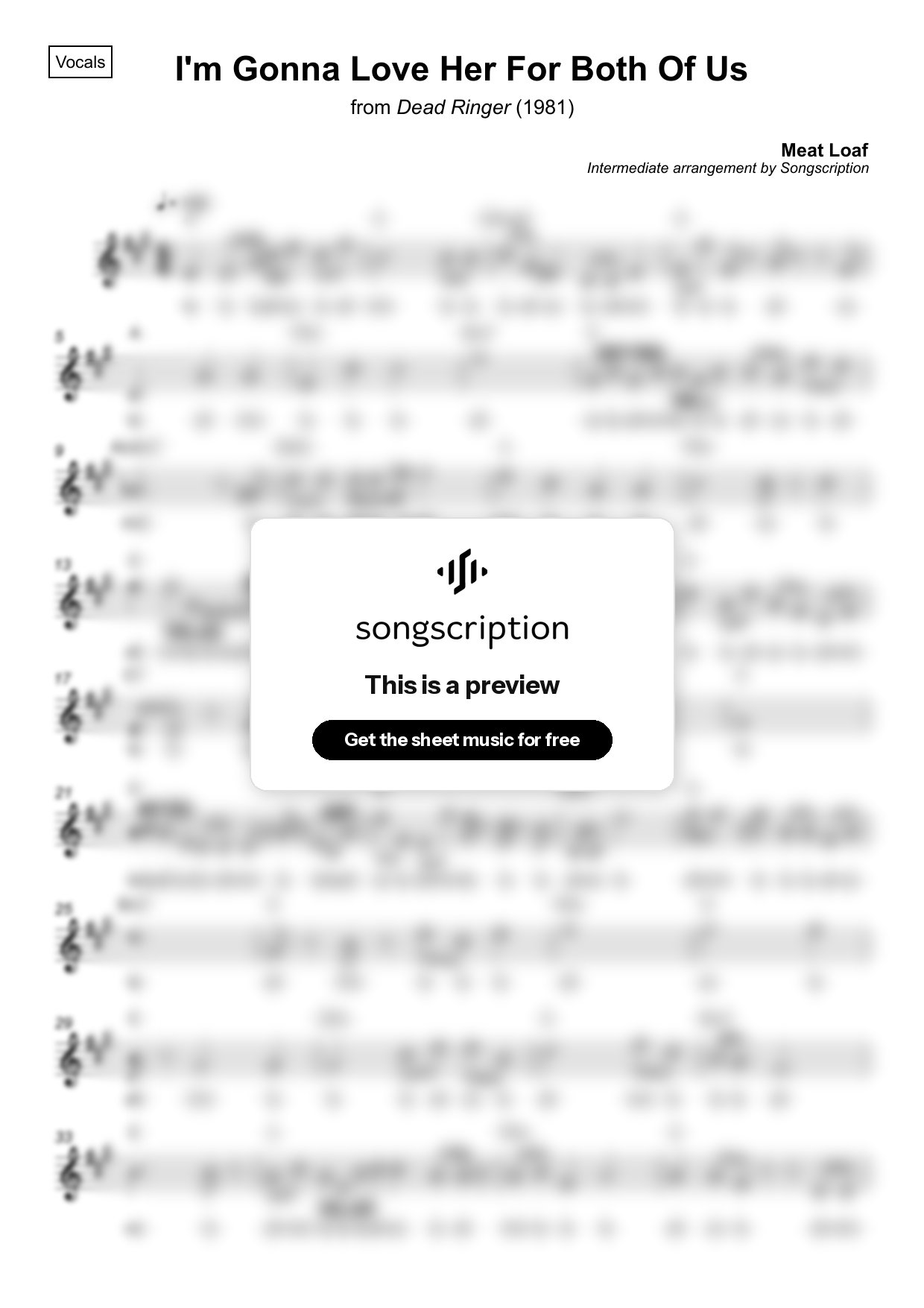 Intermediate Vocals Sheet Music for "I'm Gonna Love Her For Both Of Us" by Meat Loaf