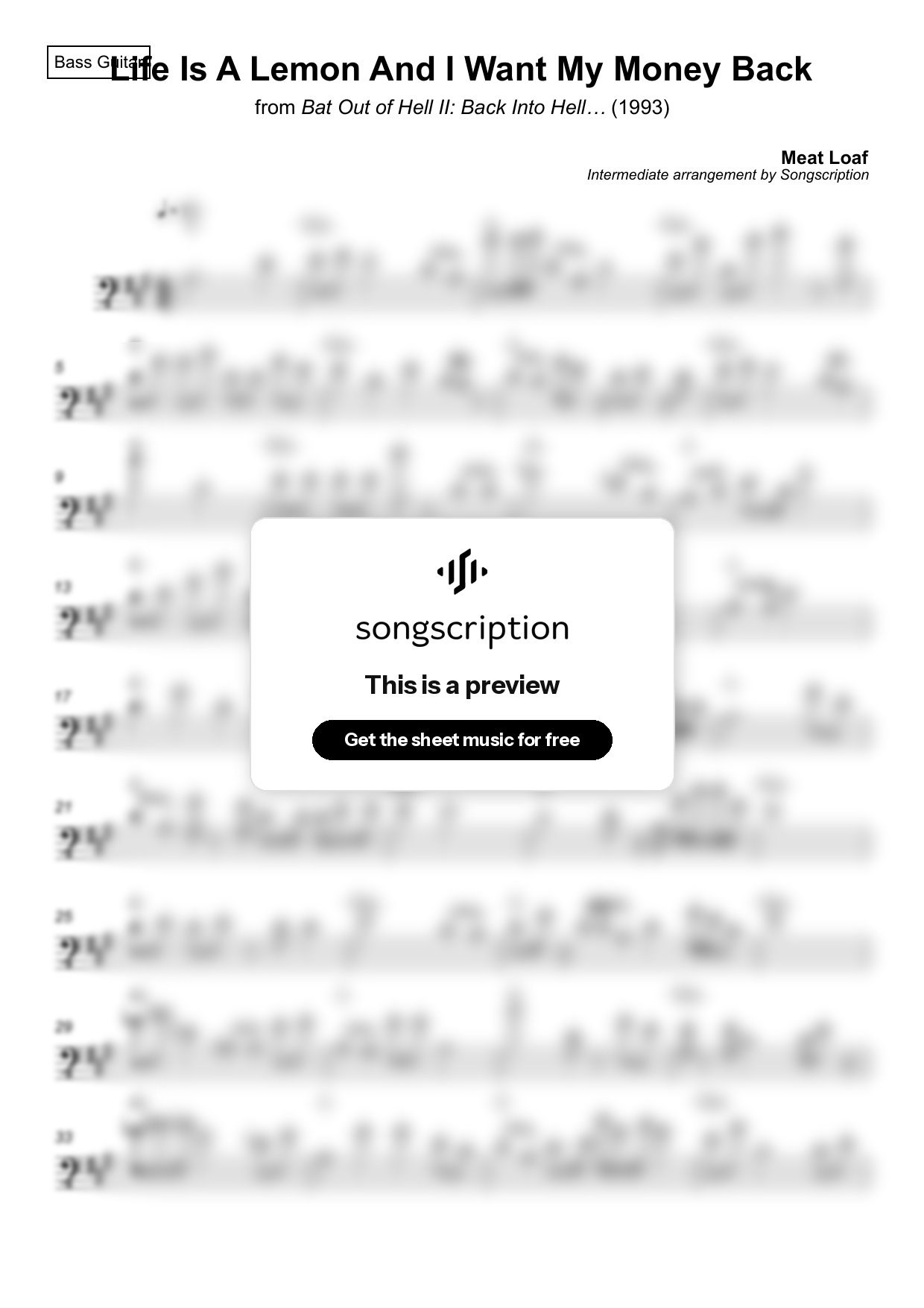Intermediate Bass Guitar Sheet Music for "Life Is A Lemon And I Want My Money Back" by Meat Loaf