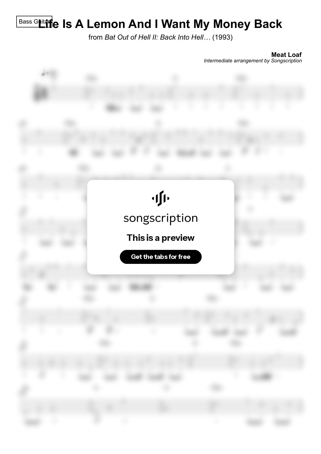 Intermediate Bass Guitar Tabs for "Life Is A Lemon And I Want My Money Back" by Meat Loaf