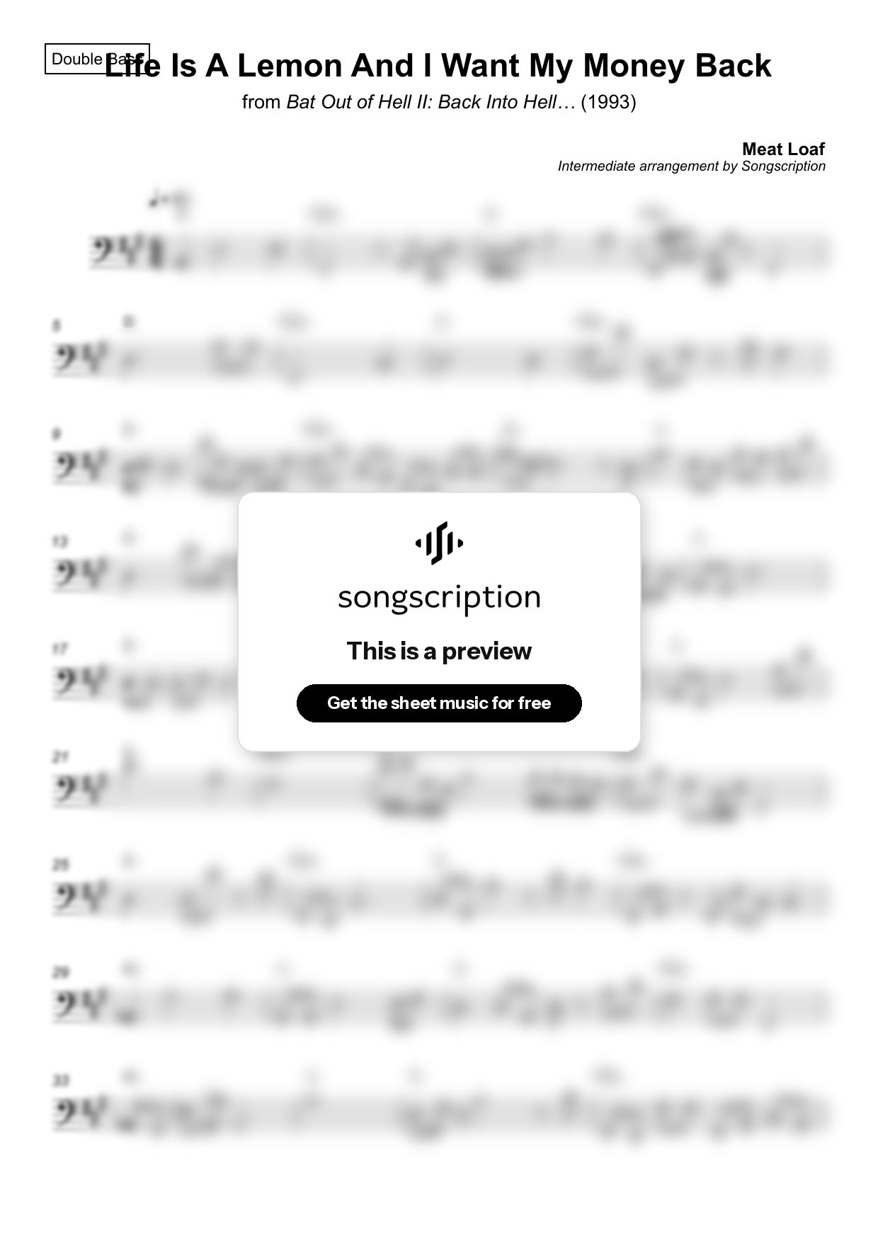 Intermediate Double Bass Sheet Music for "Life Is A Lemon And I Want My Money Back" by Meat Loaf