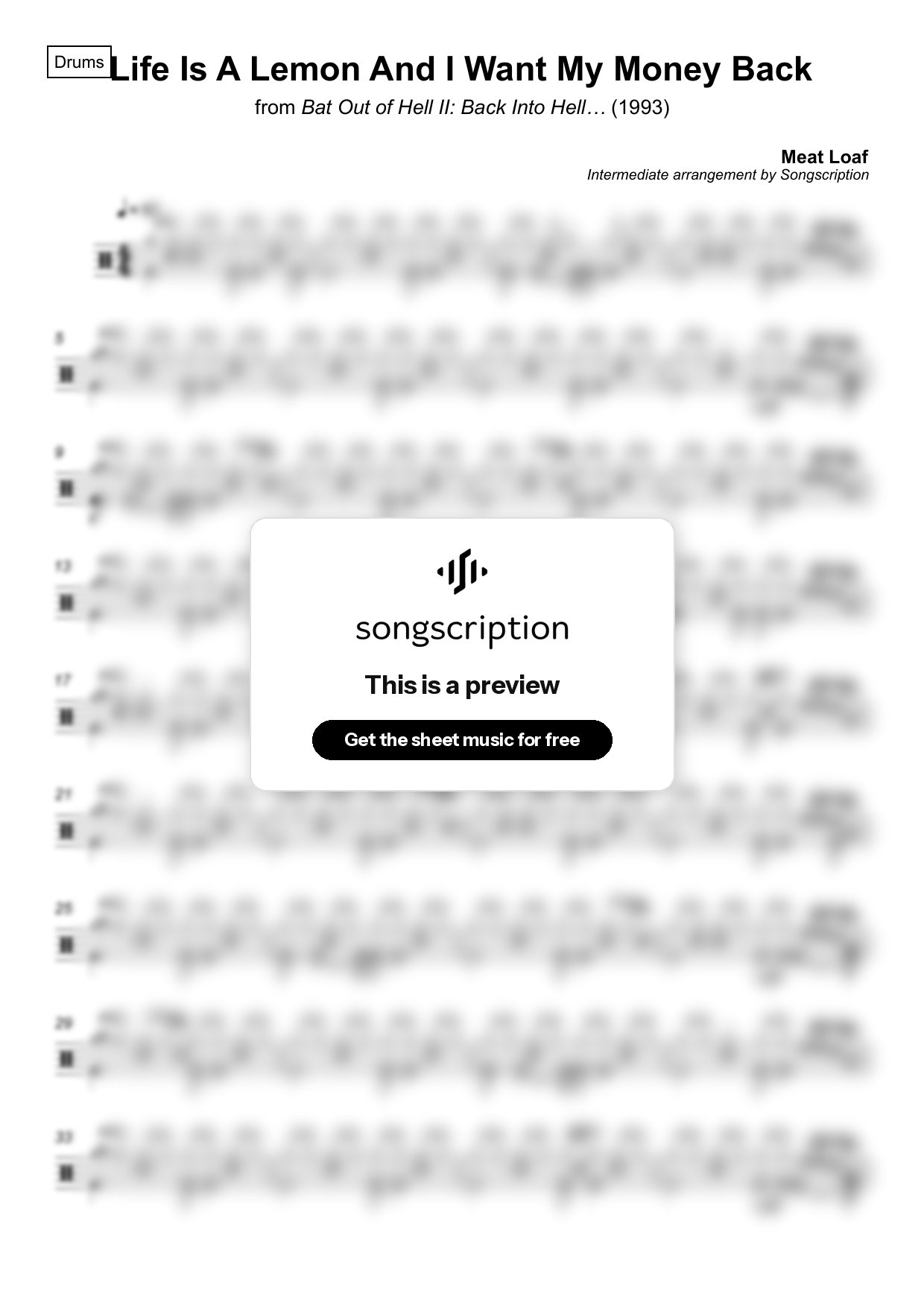 Intermediate Drums Sheet Music for "Life Is A Lemon And I Want My Money Back" by Meat Loaf