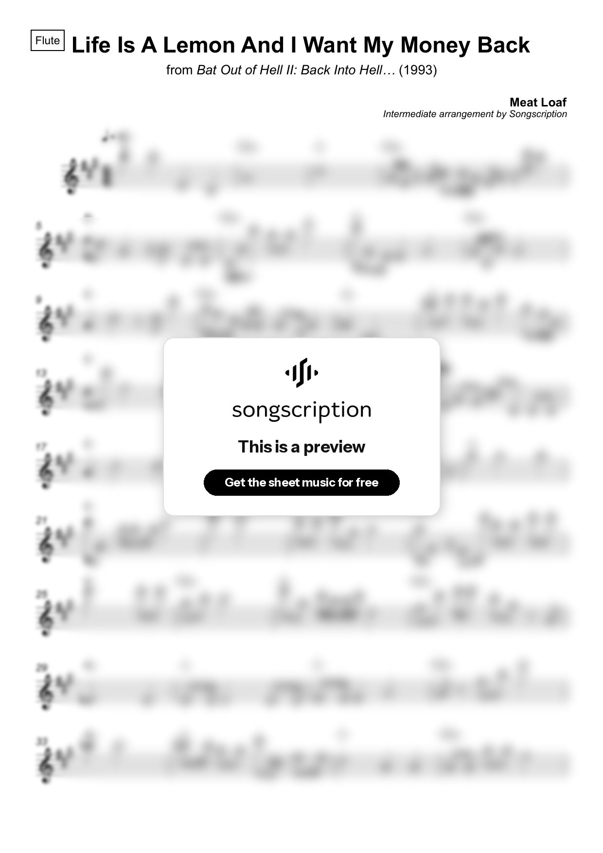 Intermediate Flute Sheet Music for "Life Is A Lemon And I Want My Money Back" by Meat Loaf