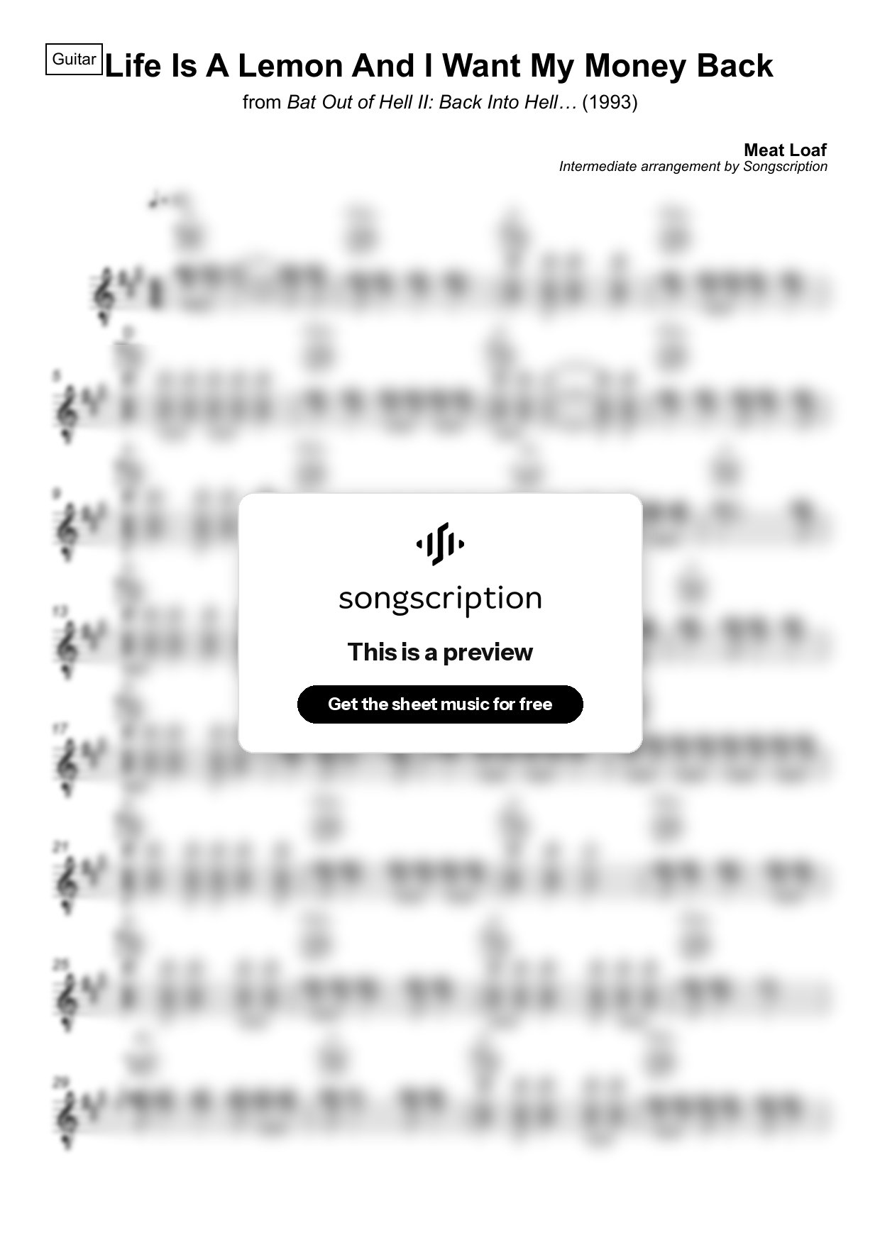 Intermediate Acoustic Guitar Sheet Music for "Life Is A Lemon And I Want My Money Back" by Meat Loaf