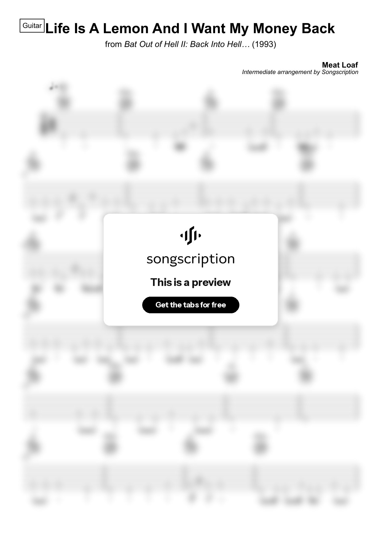 Intermediate Acoustic Guitar Tabs for "Life Is A Lemon And I Want My Money Back" by Meat Loaf
