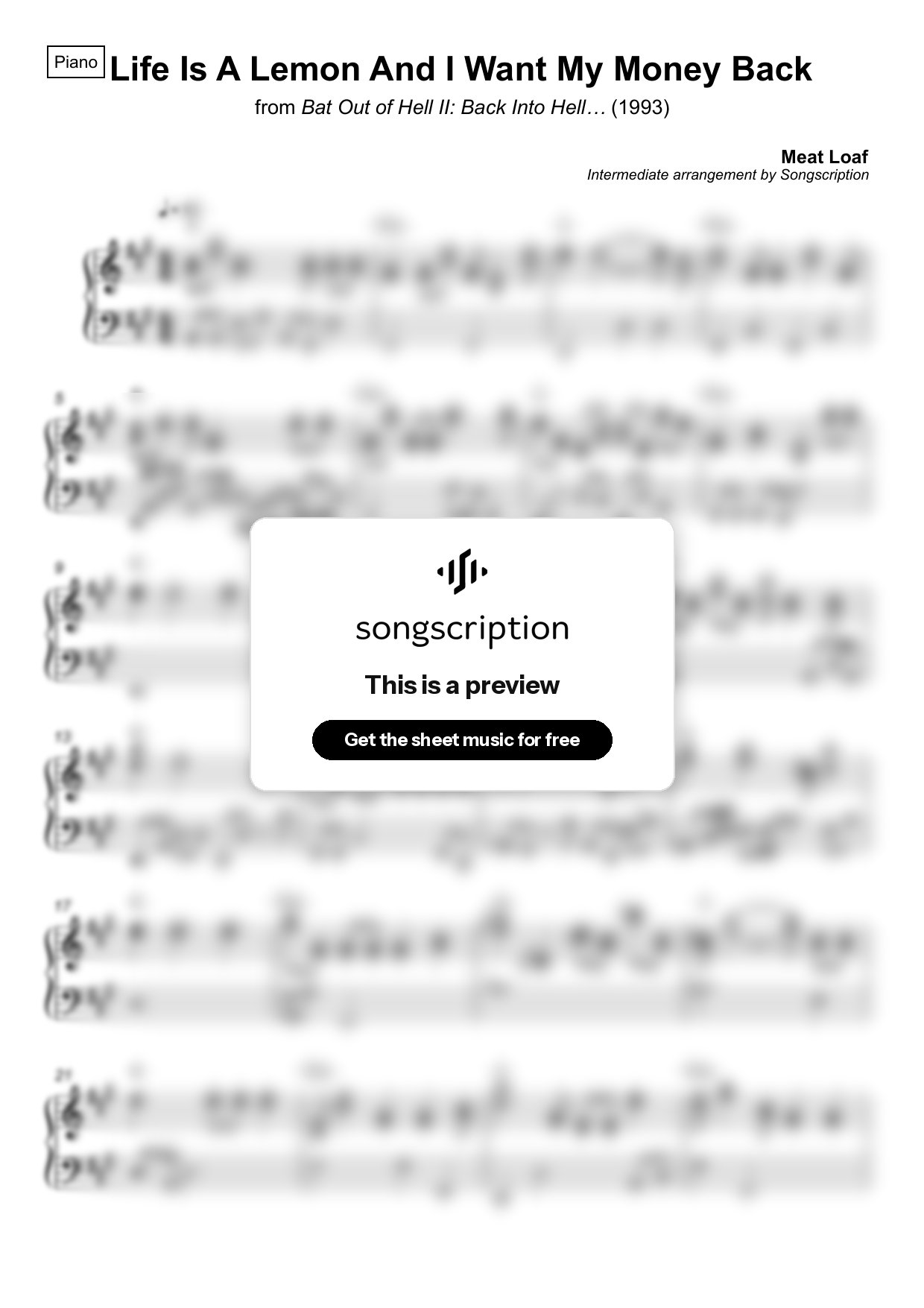 Intermediate Piano Sheet Music for "Life Is A Lemon And I Want My Money Back" by Meat Loaf
