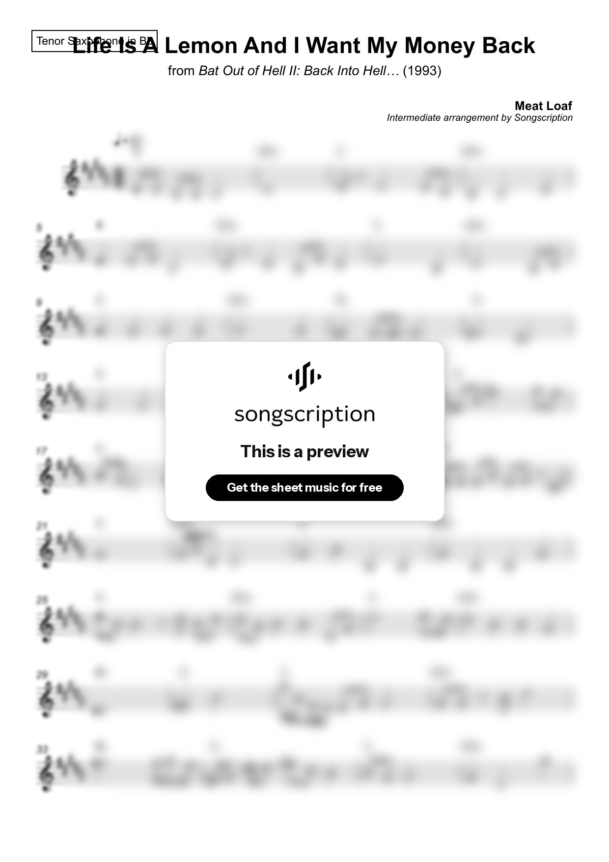Intermediate Tenor Sax Sheet Music for "Life Is A Lemon And I Want My Money Back" by Meat Loaf