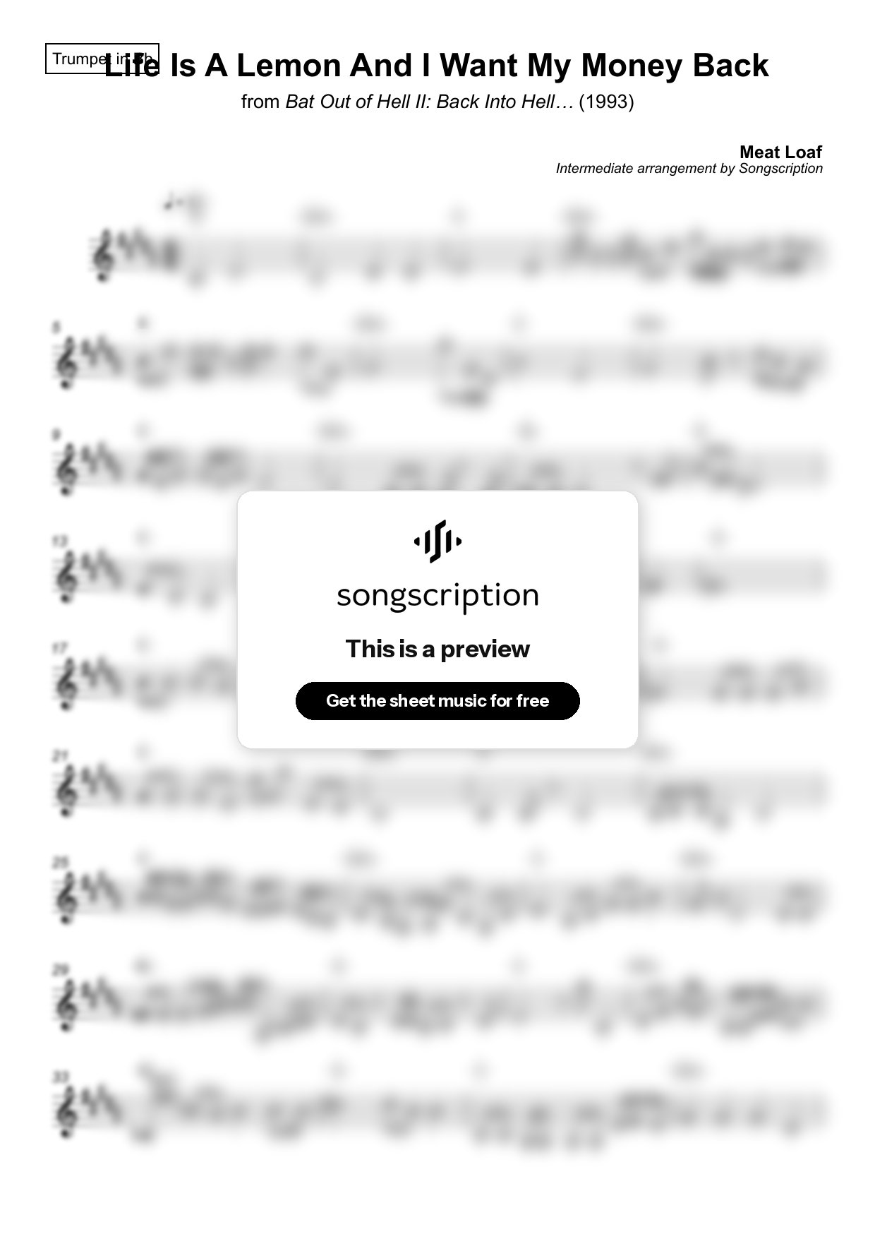 Intermediate Trumpet Sheet Music for "Life Is A Lemon And I Want My Money Back" by Meat Loaf