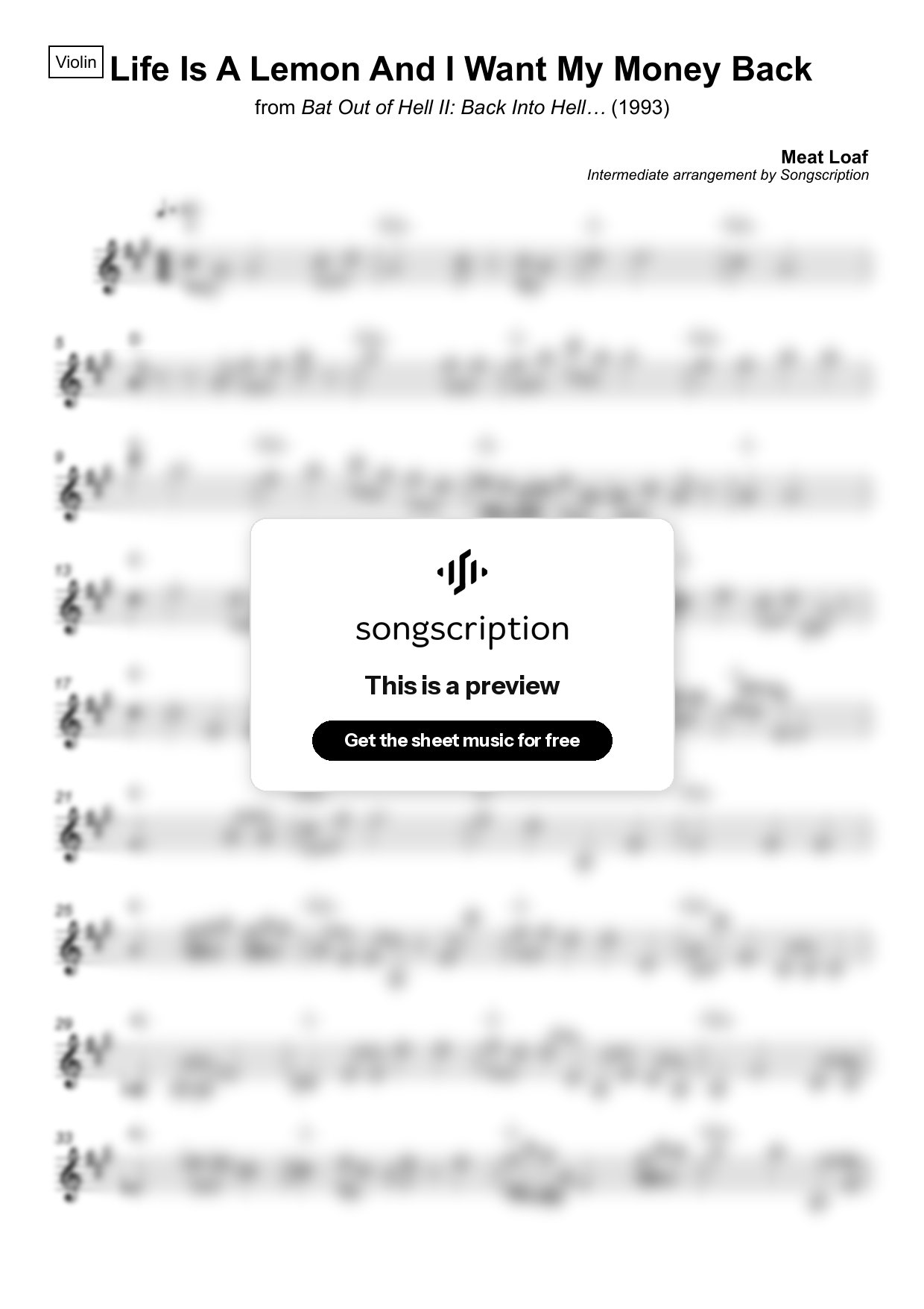 Intermediate Violin Sheet Music for "Life Is A Lemon And I Want My Money Back" by Meat Loaf