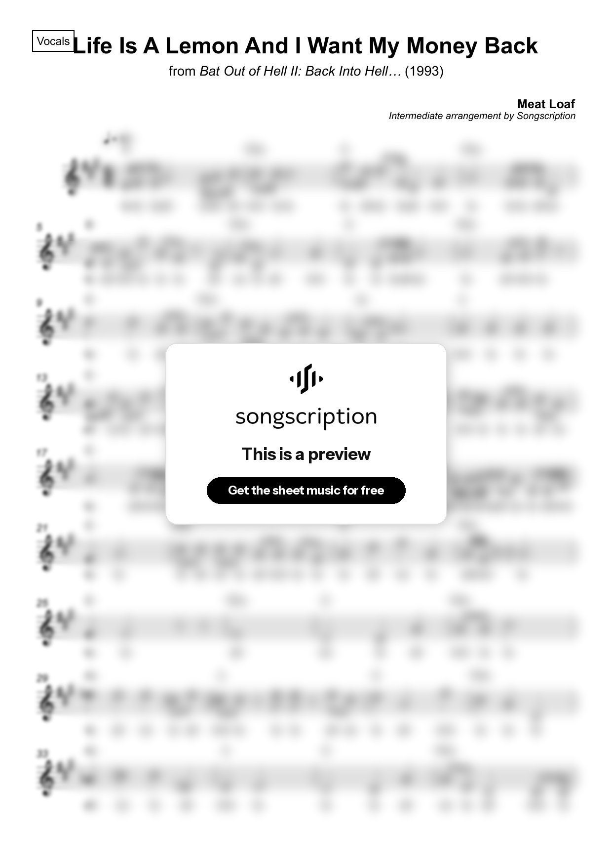 Intermediate Vocals Sheet Music for "Life Is A Lemon And I Want My Money Back" by Meat Loaf