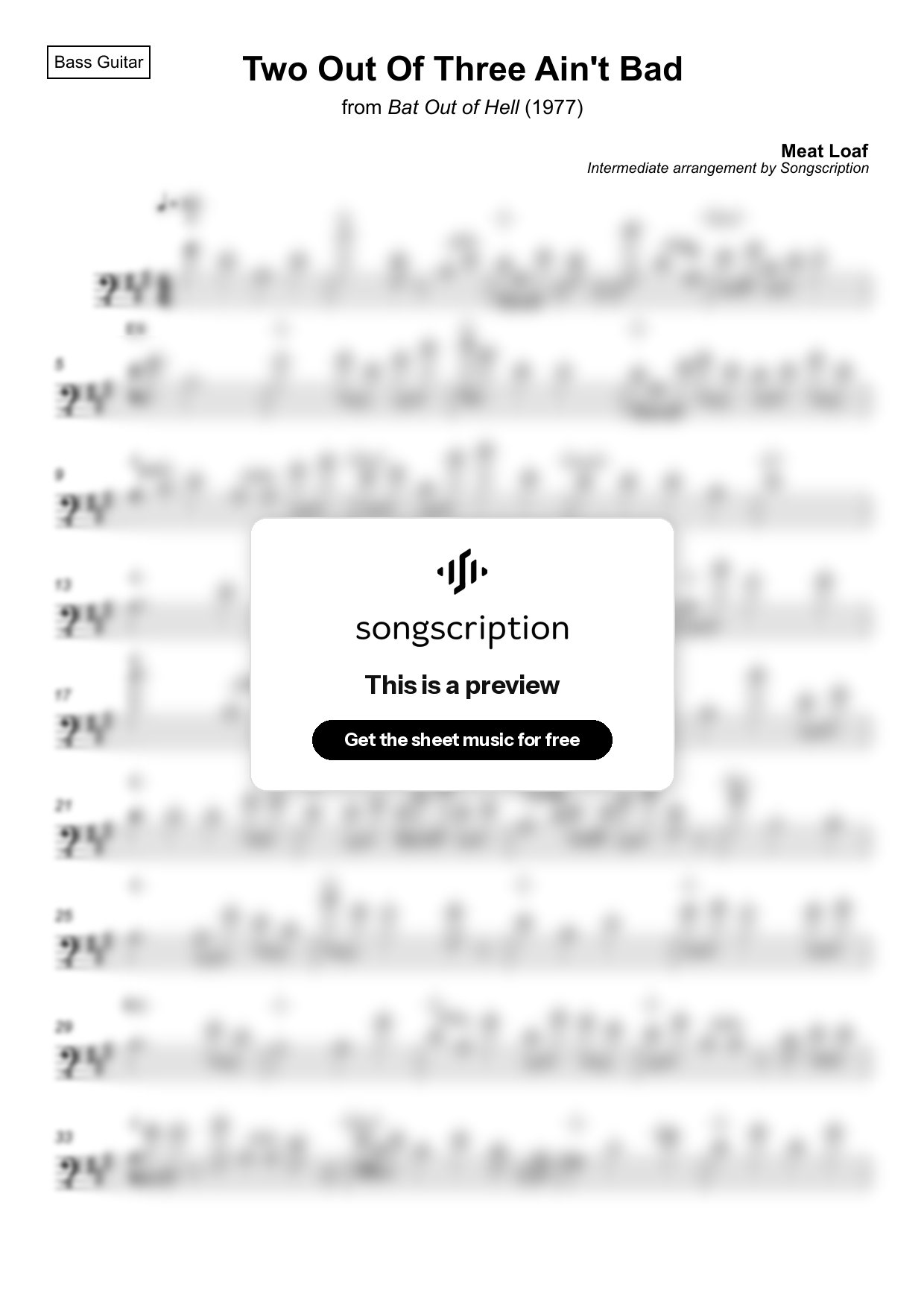 Intermediate Bass Guitar Sheet Music for "Two Out Of Three Ain't Bad" by Meat Loaf
