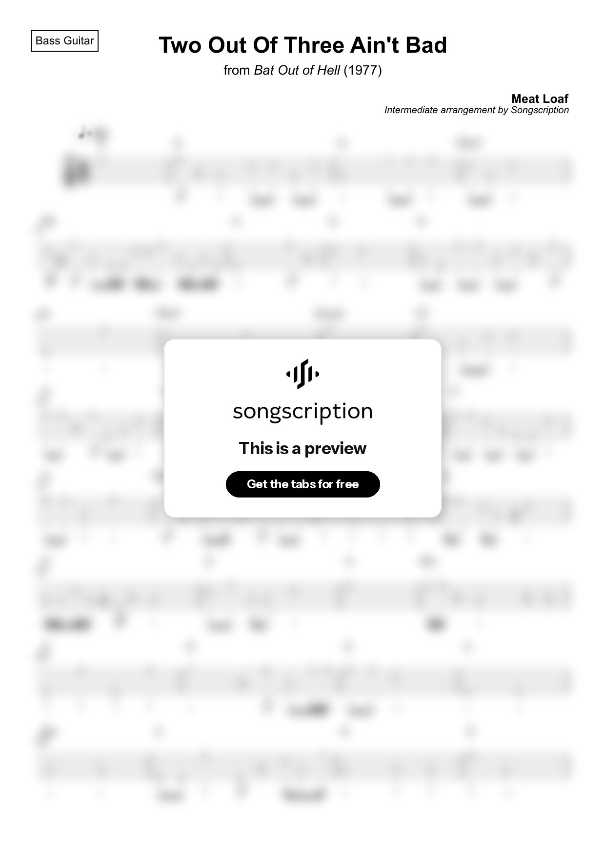 Intermediate Bass Guitar Tabs for "Two Out Of Three Ain't Bad" by Meat Loaf