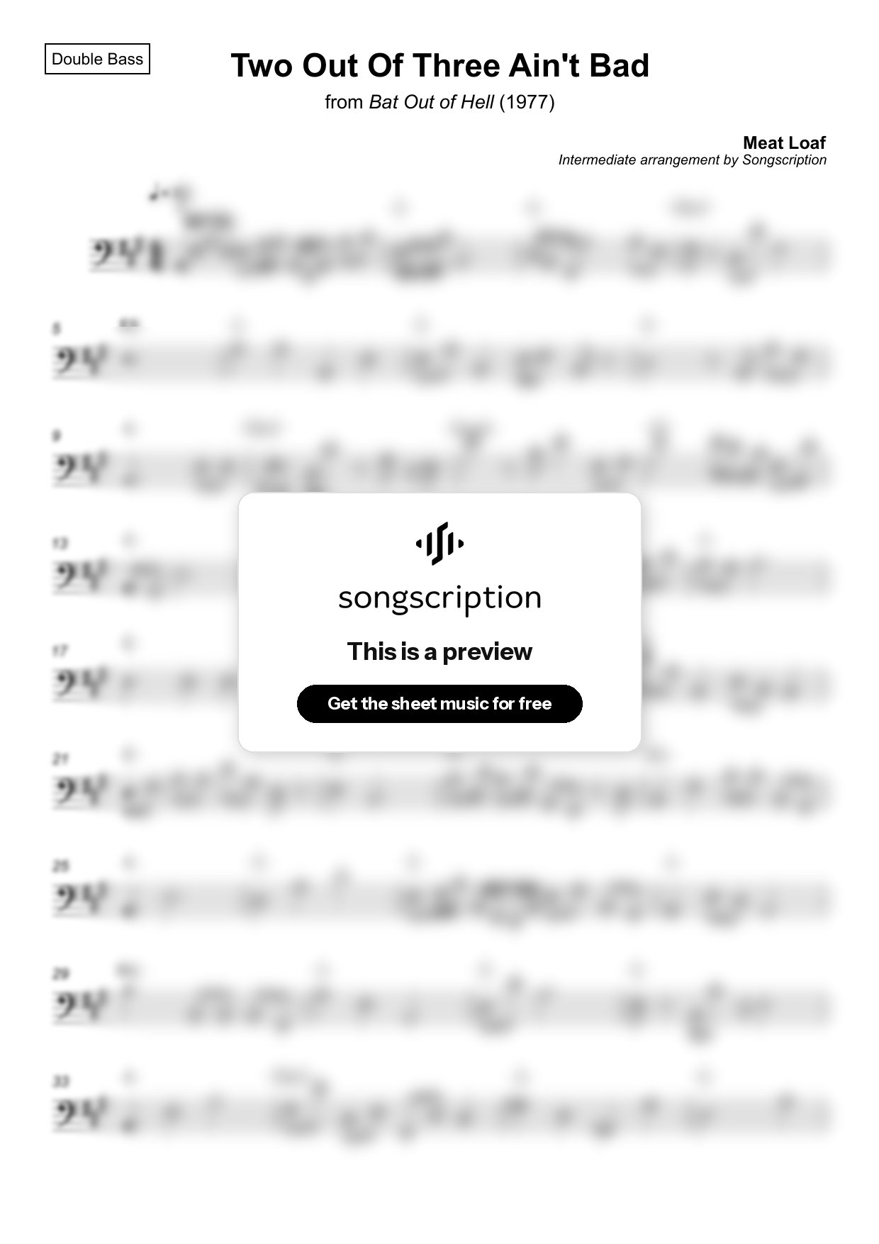 Intermediate Double Bass Sheet Music for "Two Out Of Three Ain't Bad" by Meat Loaf