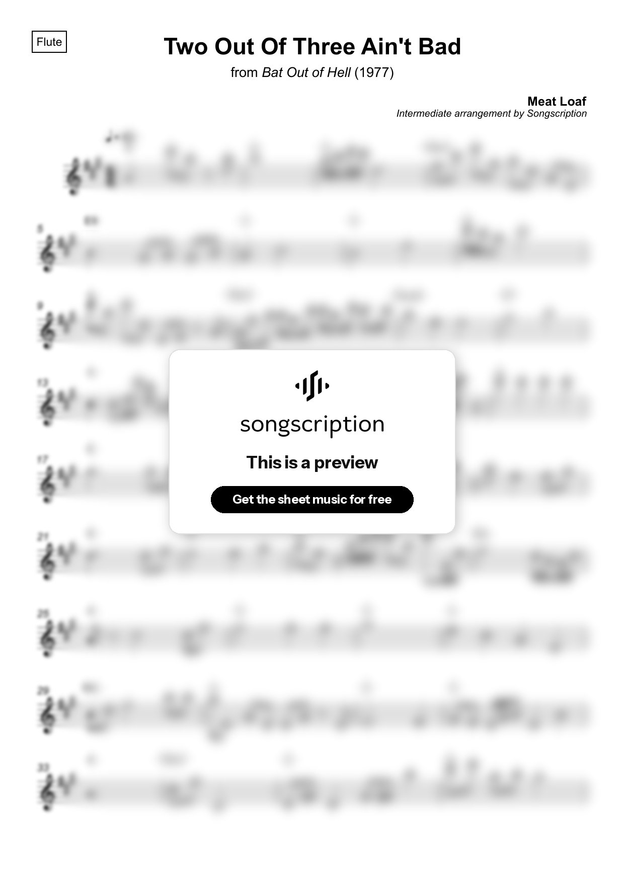 Intermediate Flute Sheet Music for "Two Out Of Three Ain't Bad" by Meat Loaf