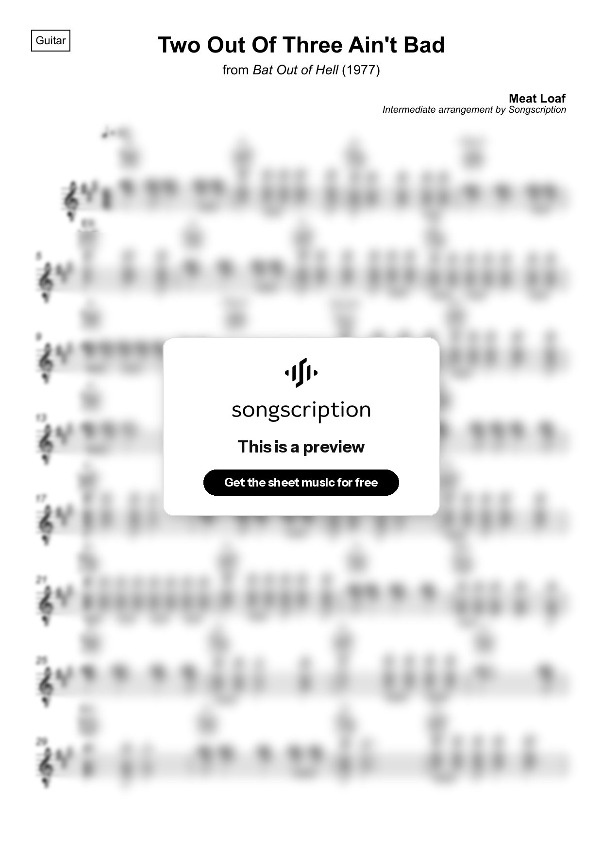 Intermediate Acoustic Guitar Sheet Music for "Two Out Of Three Ain't Bad" by Meat Loaf