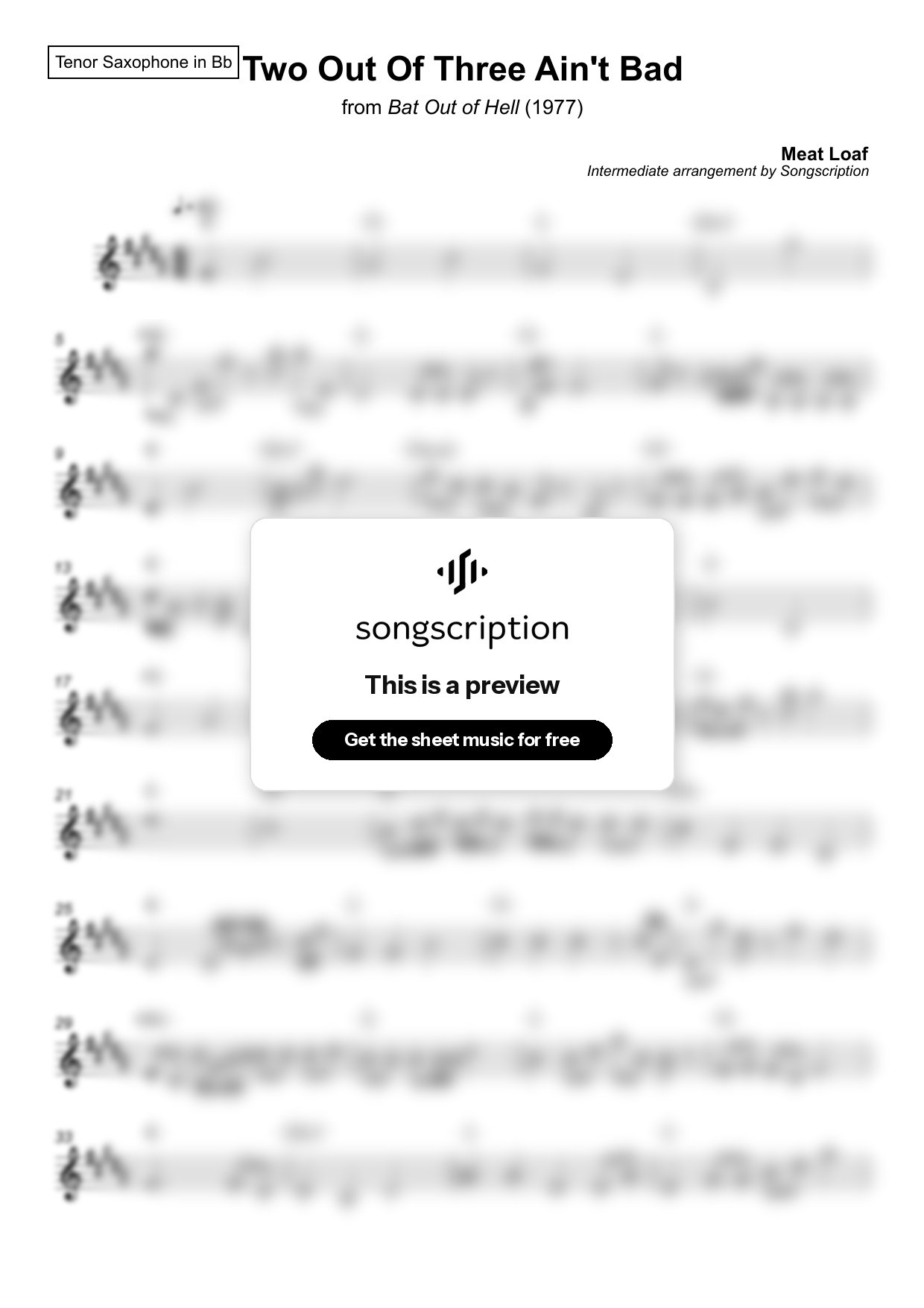 Intermediate Tenor Sax Sheet Music for "Two Out Of Three Ain't Bad" by Meat Loaf