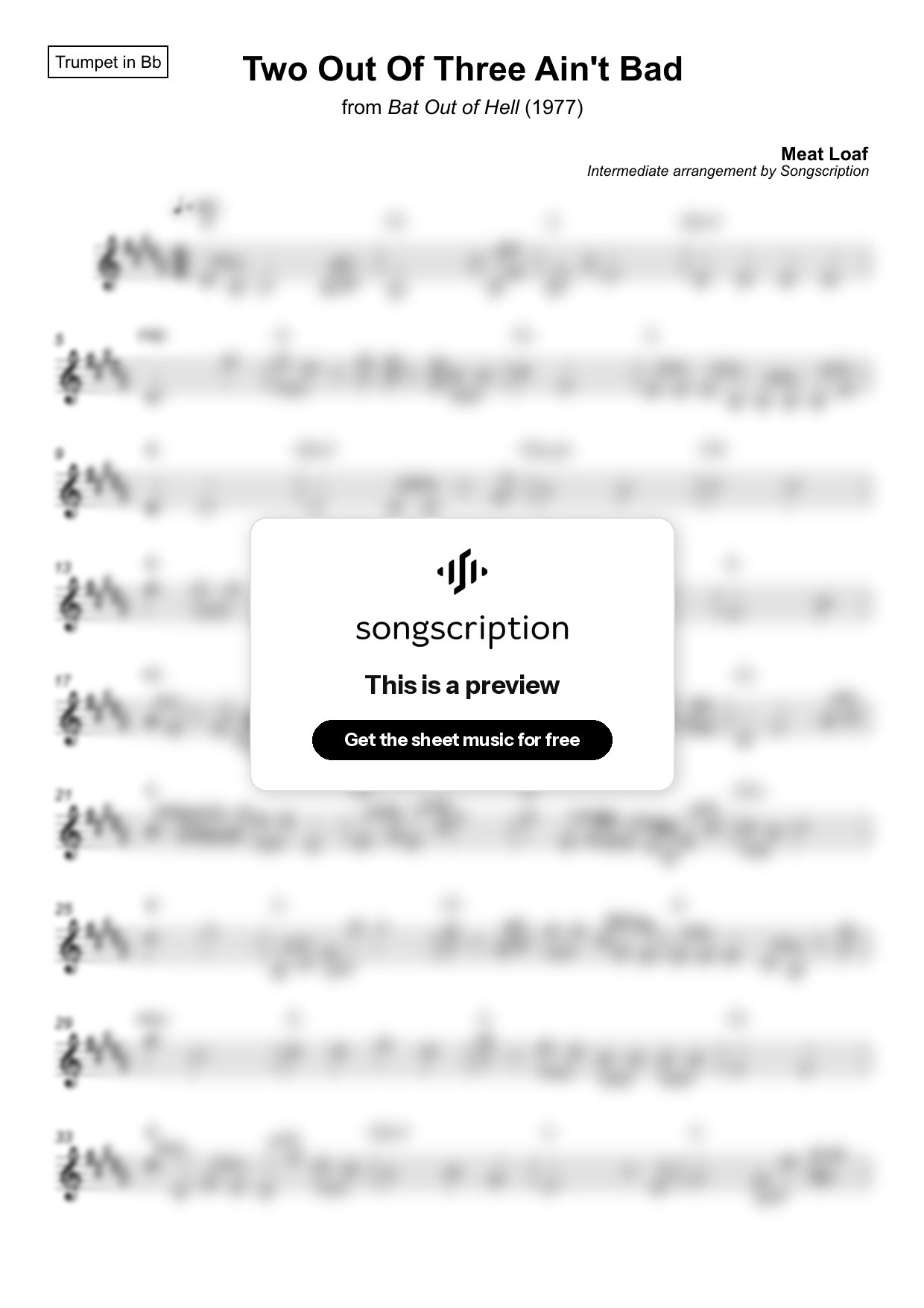 Intermediate Trumpet Sheet Music for "Two Out Of Three Ain't Bad" by Meat Loaf