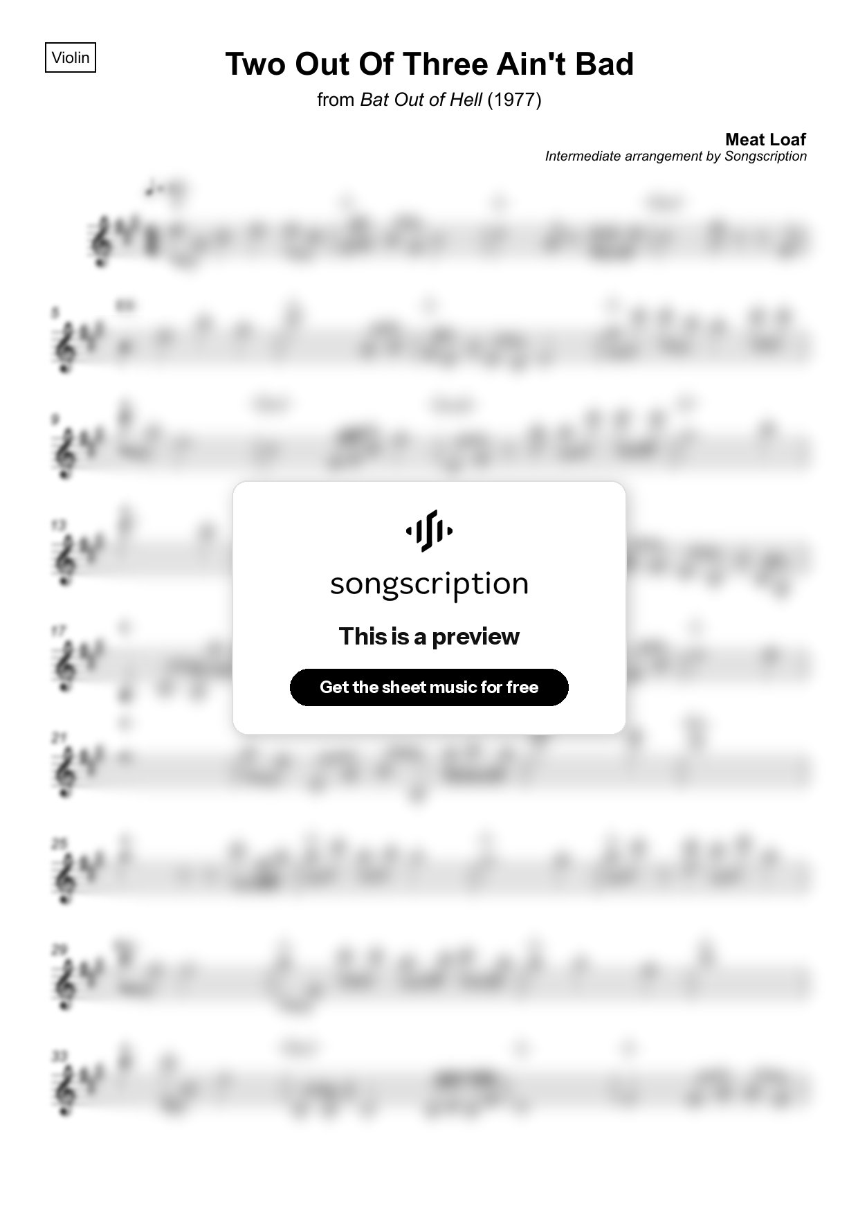 Intermediate Violin Sheet Music for "Two Out Of Three Ain't Bad" by Meat Loaf