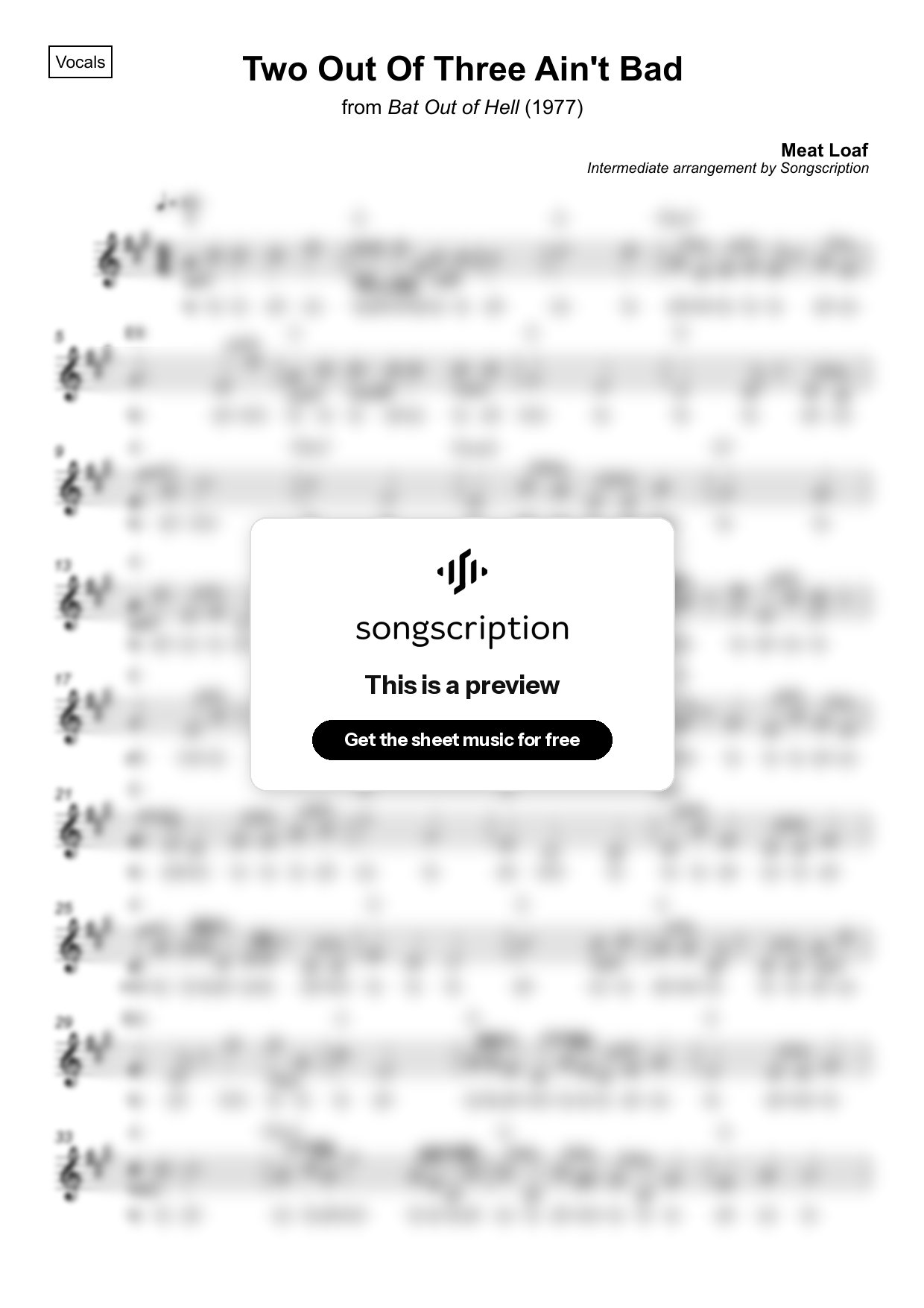 Intermediate Vocals Sheet Music for "Two Out Of Three Ain't Bad" by Meat Loaf