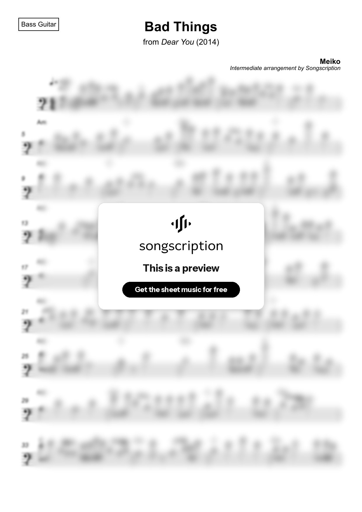 Intermediate Bass Guitar Sheet Music for "Bad Things" by Meiko